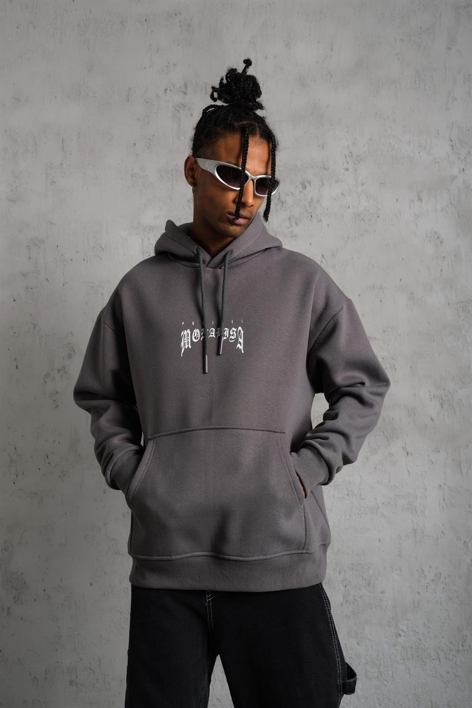 SWEATSHİRTAntrasit MONALİSA Peçli Baskılı 3 İplik Oversize Sweatshirt PLZ-33