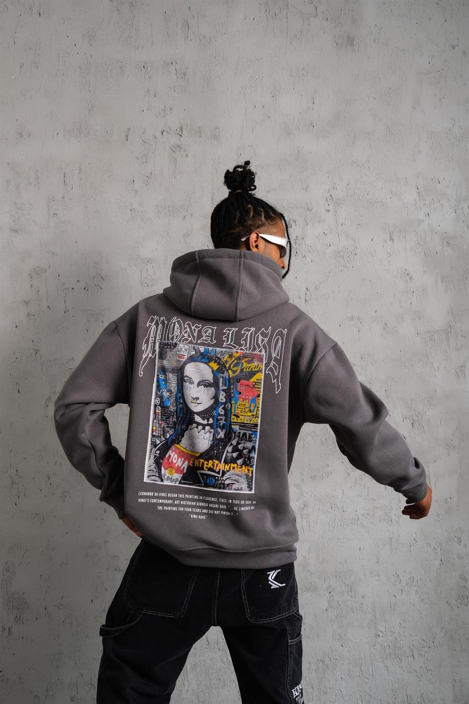 SWEATSHİRTAntrasit MONALİSA Peçli Baskılı 3 İplik Oversize Sweatshirt PLZ-33