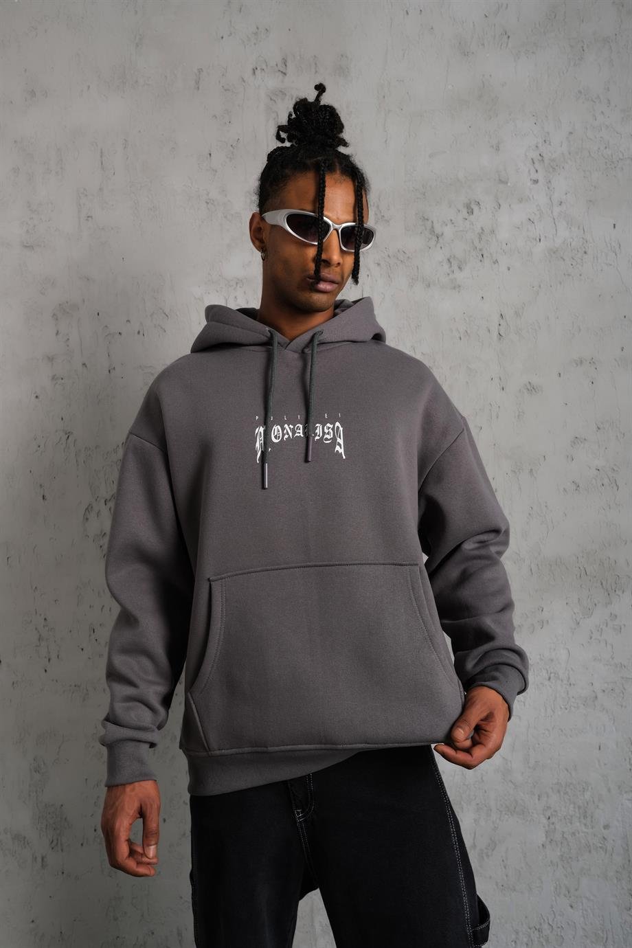SWEATSHİRTAntrasit MONALİSA Peçli Baskılı 3 İplik Oversize Sweatshirt PLZ-33