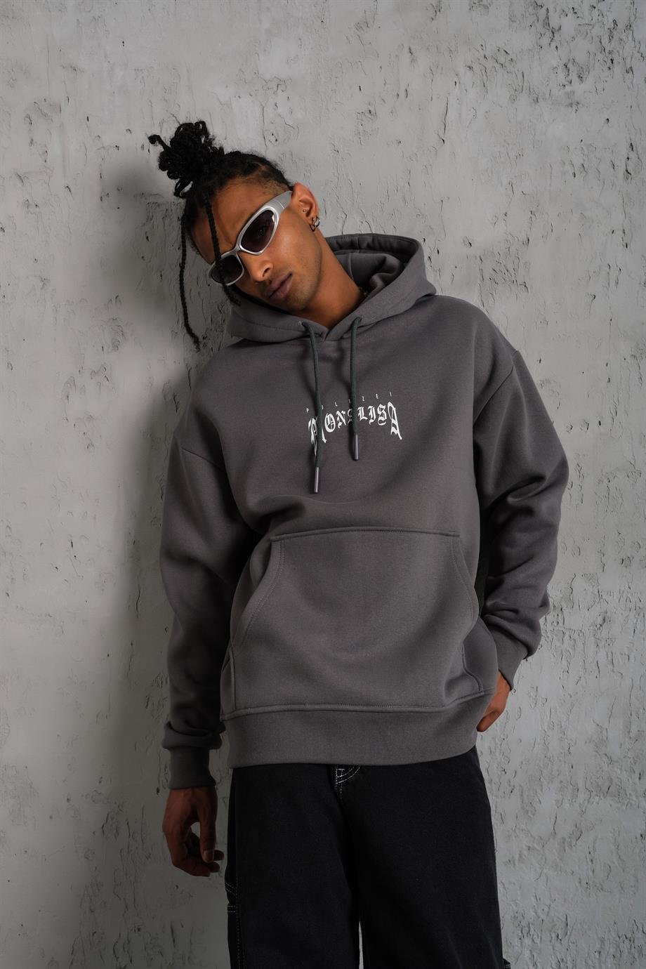SWEATSHİRTAntrasit MONALİSA Peçli Baskılı 3 İplik Oversize Sweatshirt PLZ-33