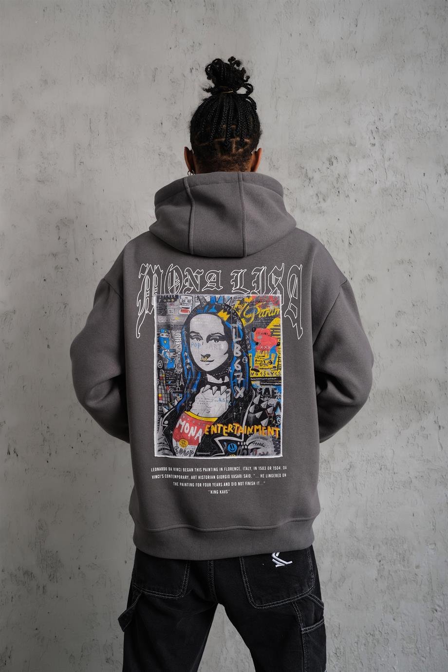 SWEATSHİRTAntrasit MONALİSA Peçli Baskılı 3 İplik Oversize Sweatshirt PLZ-33