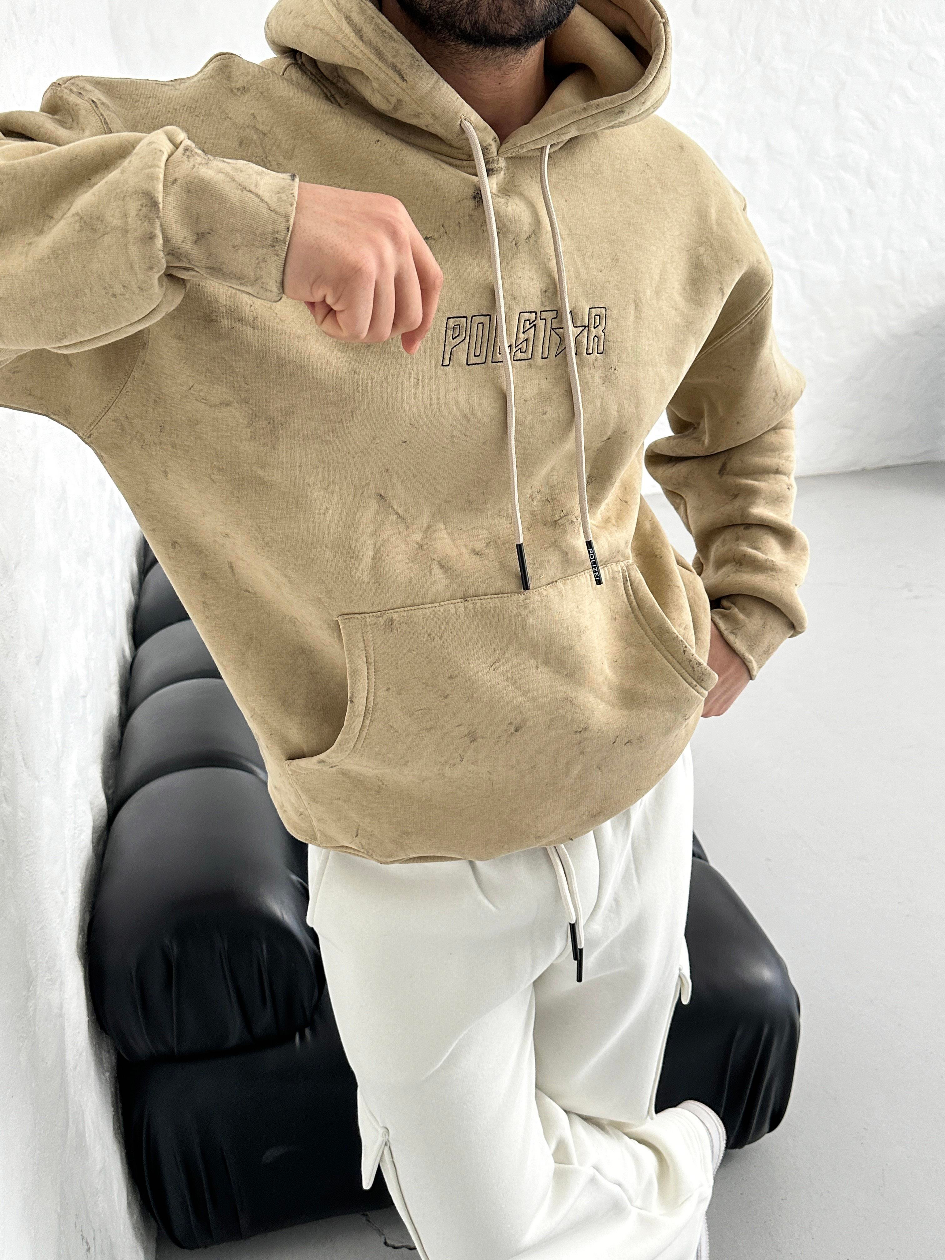 SWEATSHİRTBej 3 İplik Oversize Polstar Baskılı Kapşonlu Sweatshirt PLZ