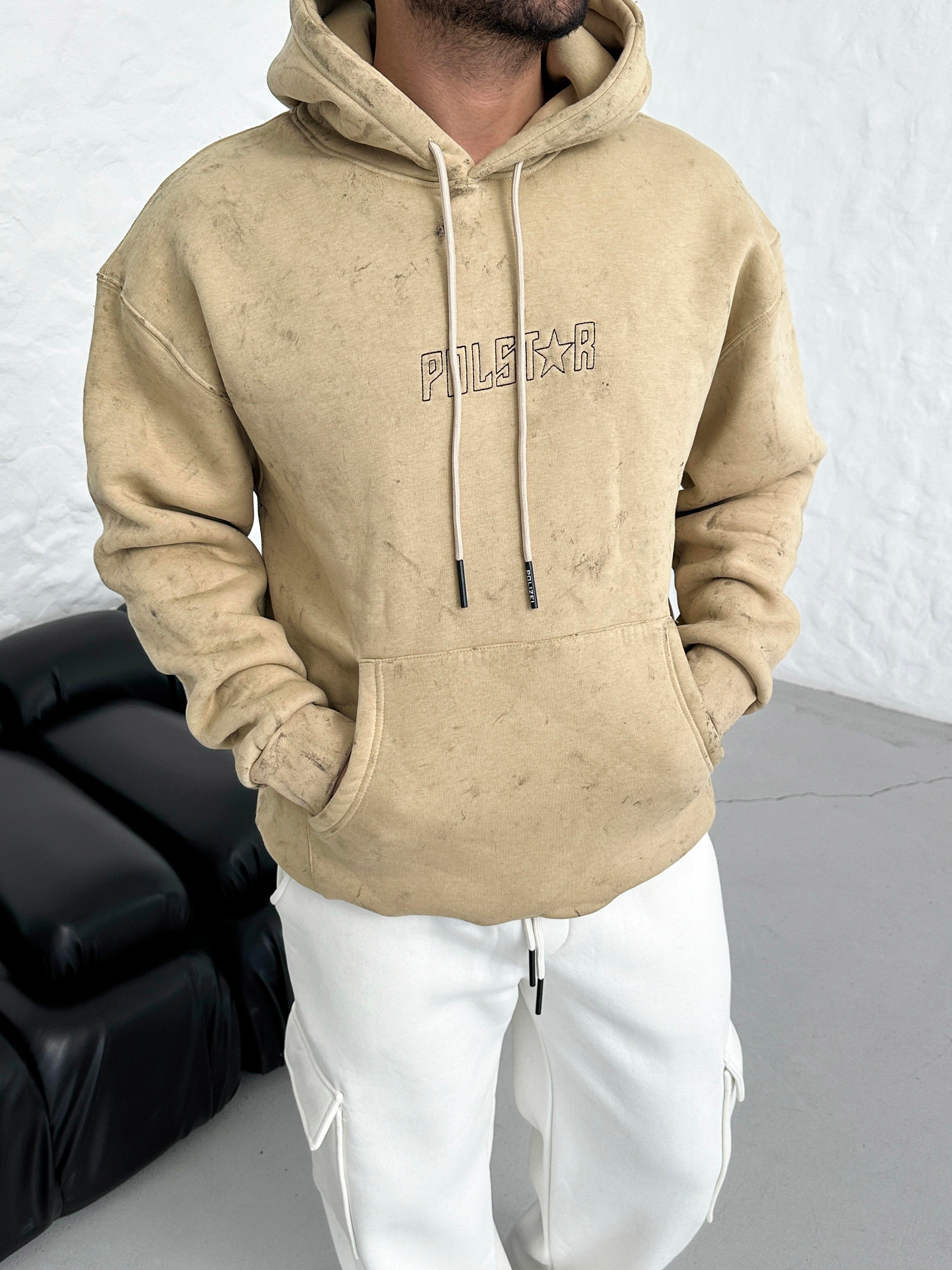 SWEATSHİRTBej 3 İplik Oversize Polstar Baskılı Kapşonlu Sweatshirt PLZ