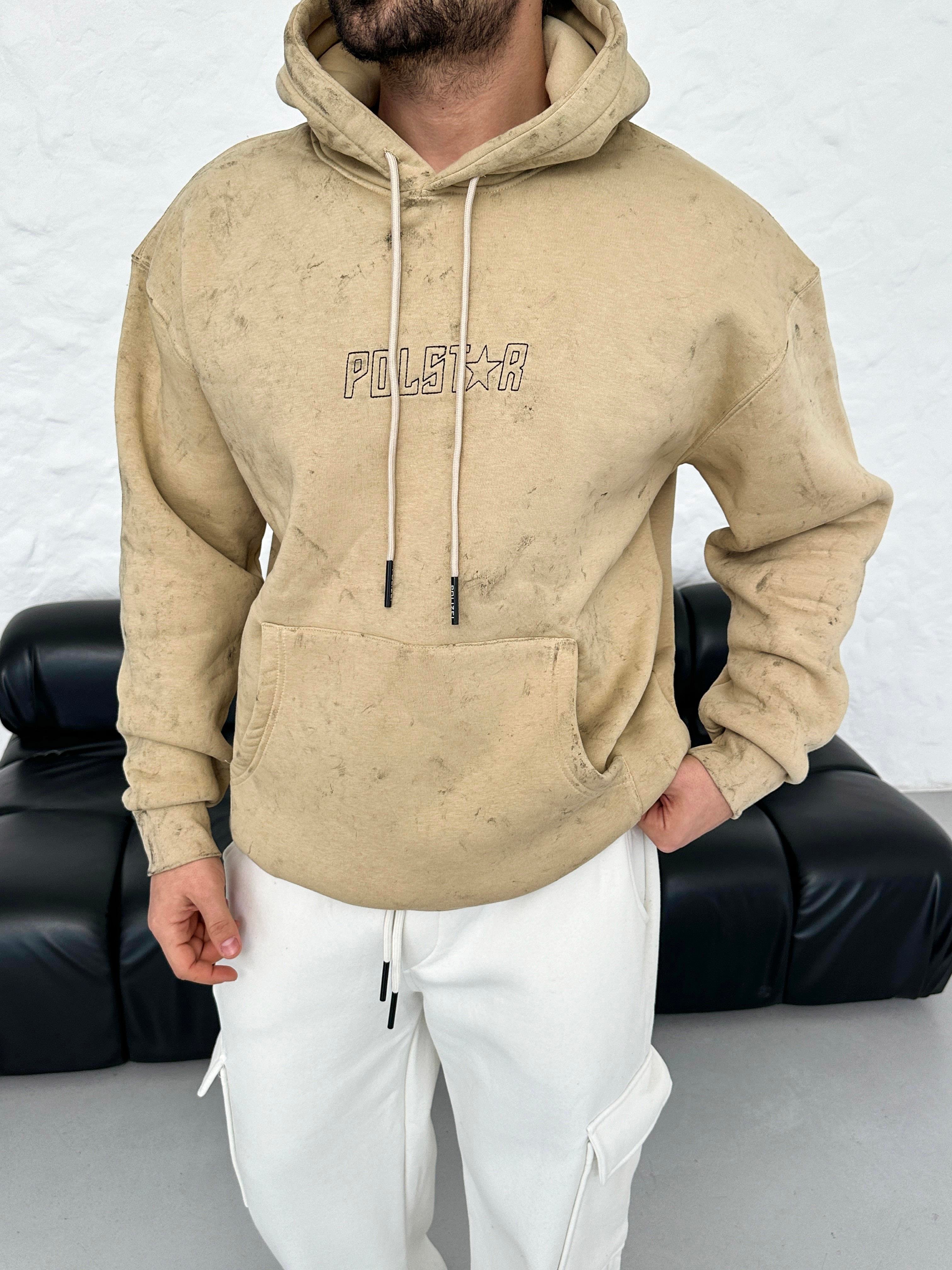 SWEATSHİRTBej 3 İplik Oversize Polstar Baskılı Kapşonlu Sweatshirt PLZ