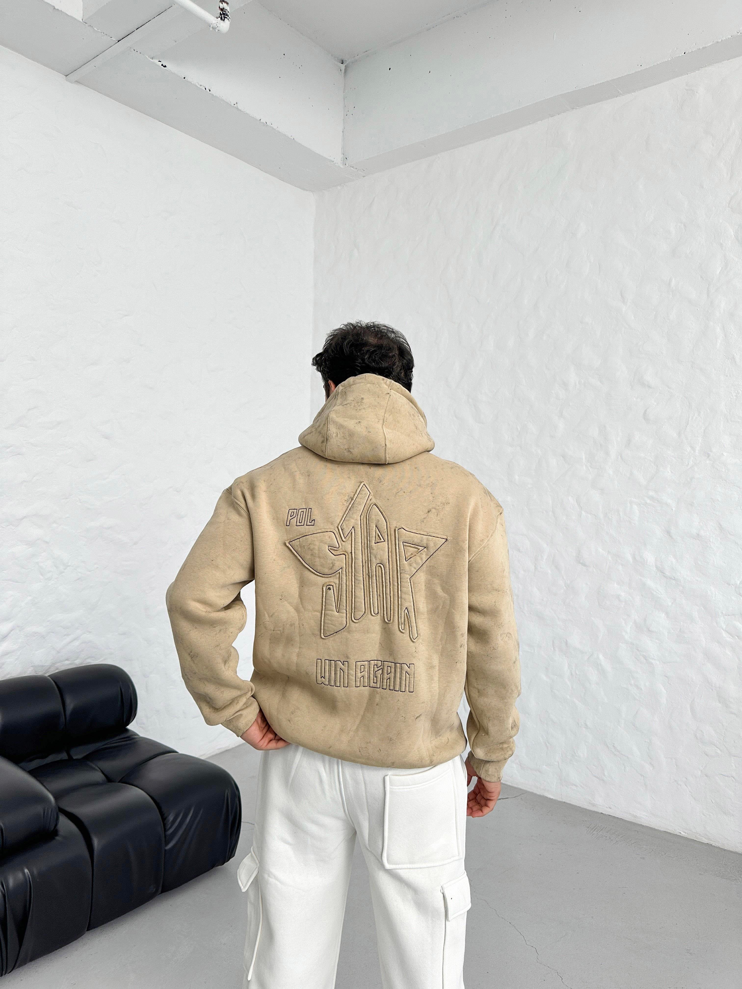 SWEATSHİRTBej 3 İplik Oversize Polstar Baskılı Kapşonlu Sweatshirt PLZ