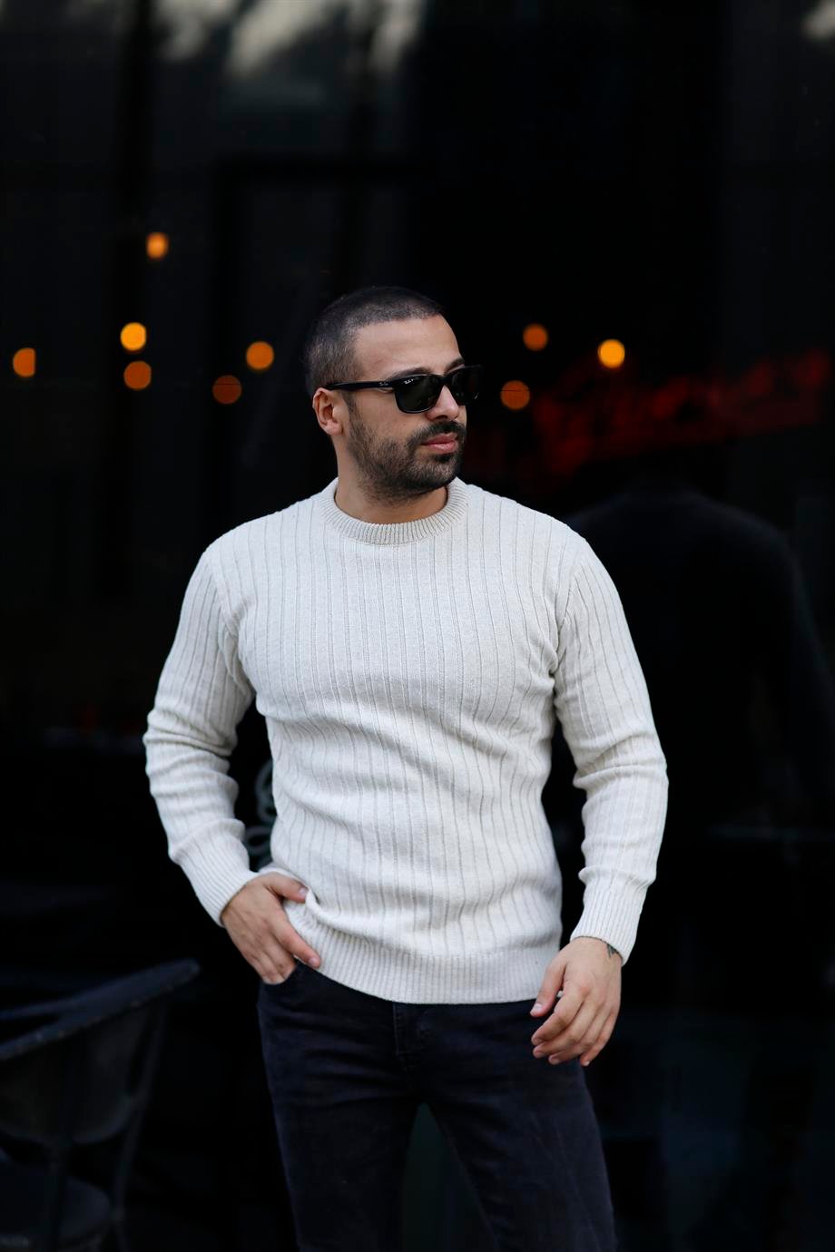 SWEATSHİRTBej Bisiklet Yaka Düz Kazak TB 