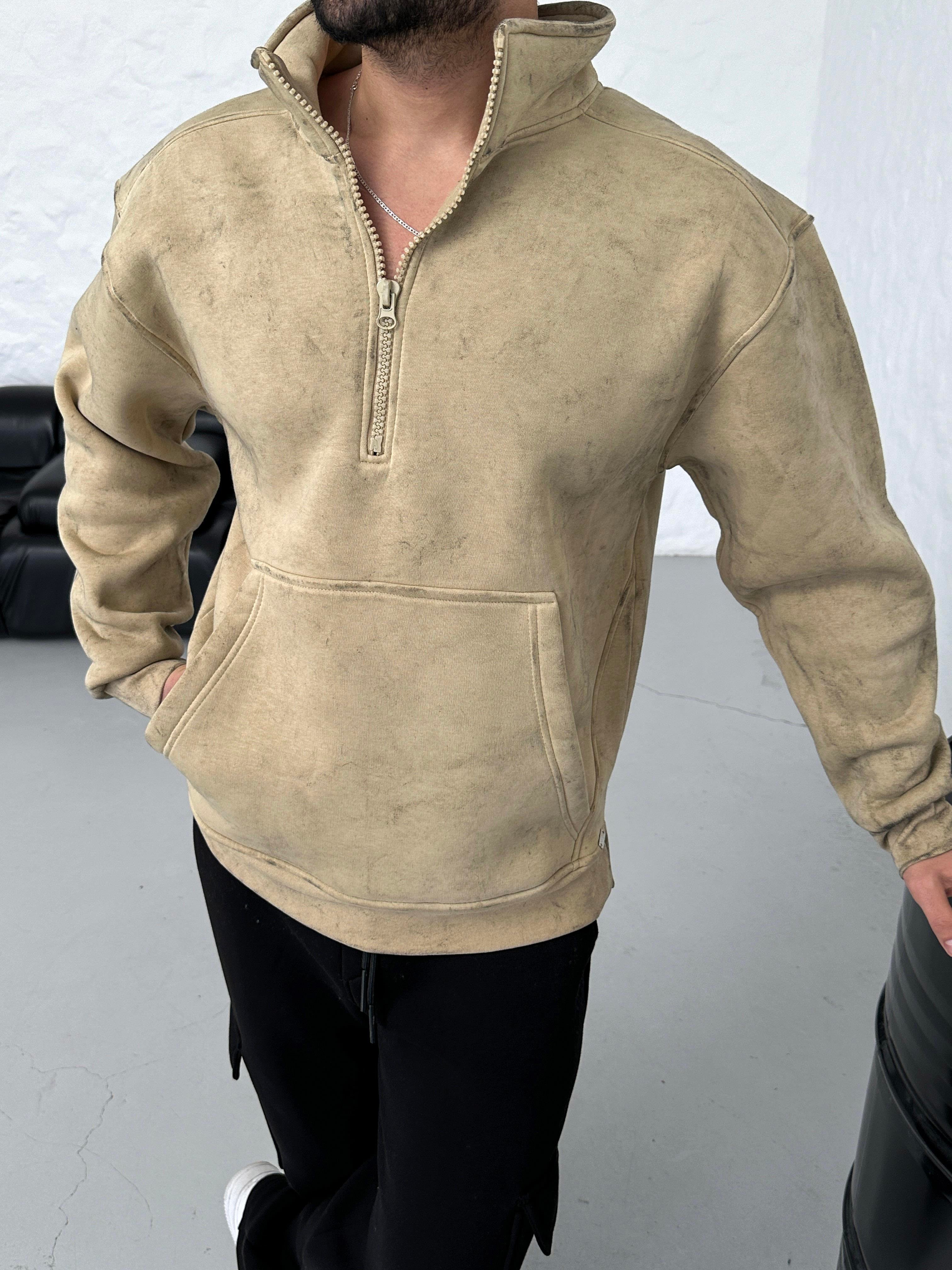 SWEATSHİRTBej Yarım Fermuarlı Hafif Desenli ZRA Model Sweatshirt PLZ