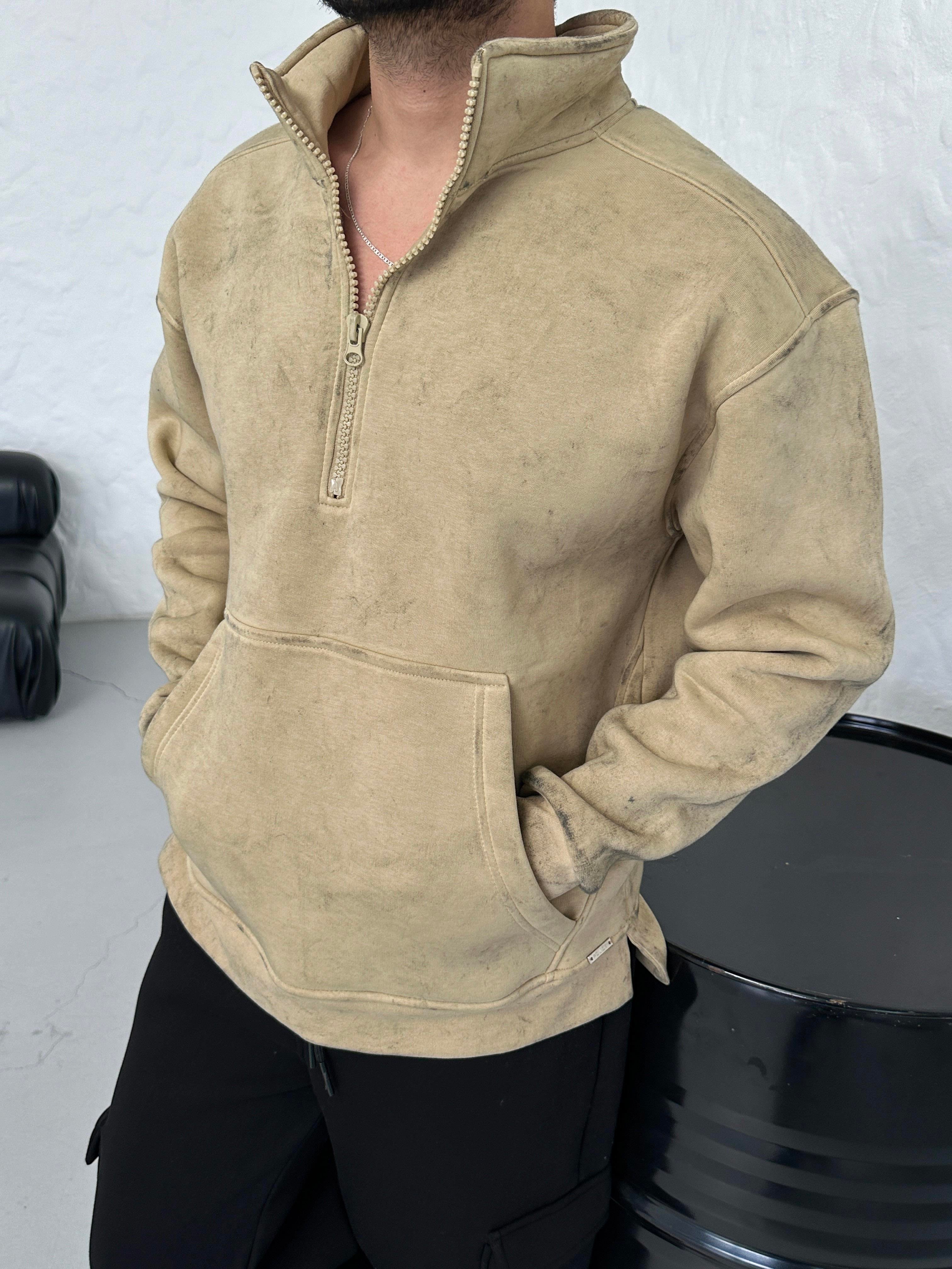 SWEATSHİRTBej Yarım Fermuarlı Hafif Desenli ZRA Model Sweatshirt PLZ