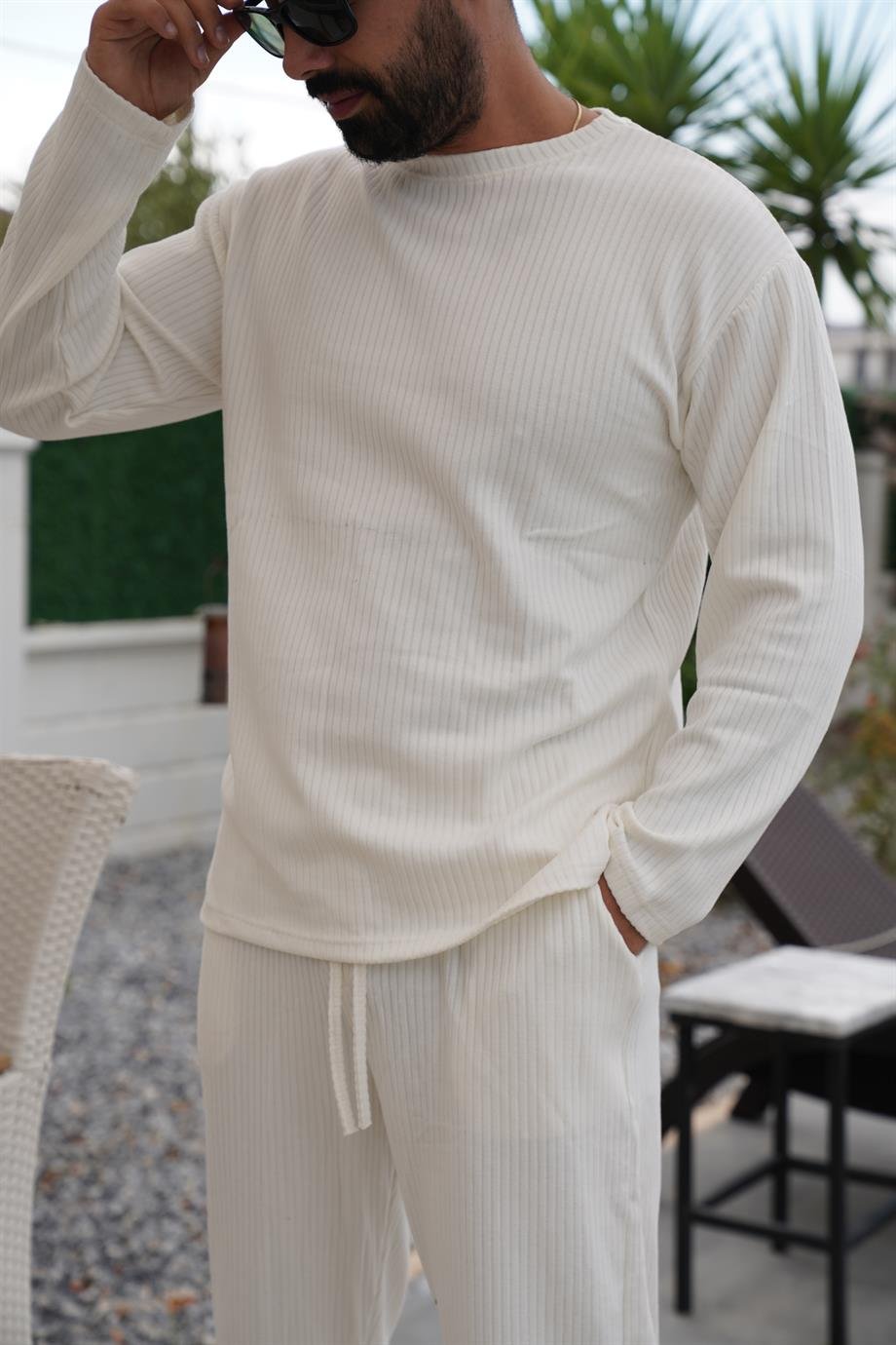 SWEATSHİRTBeyaz Oversize Ottoman Fitilli Sweatshirt SNZ 8321