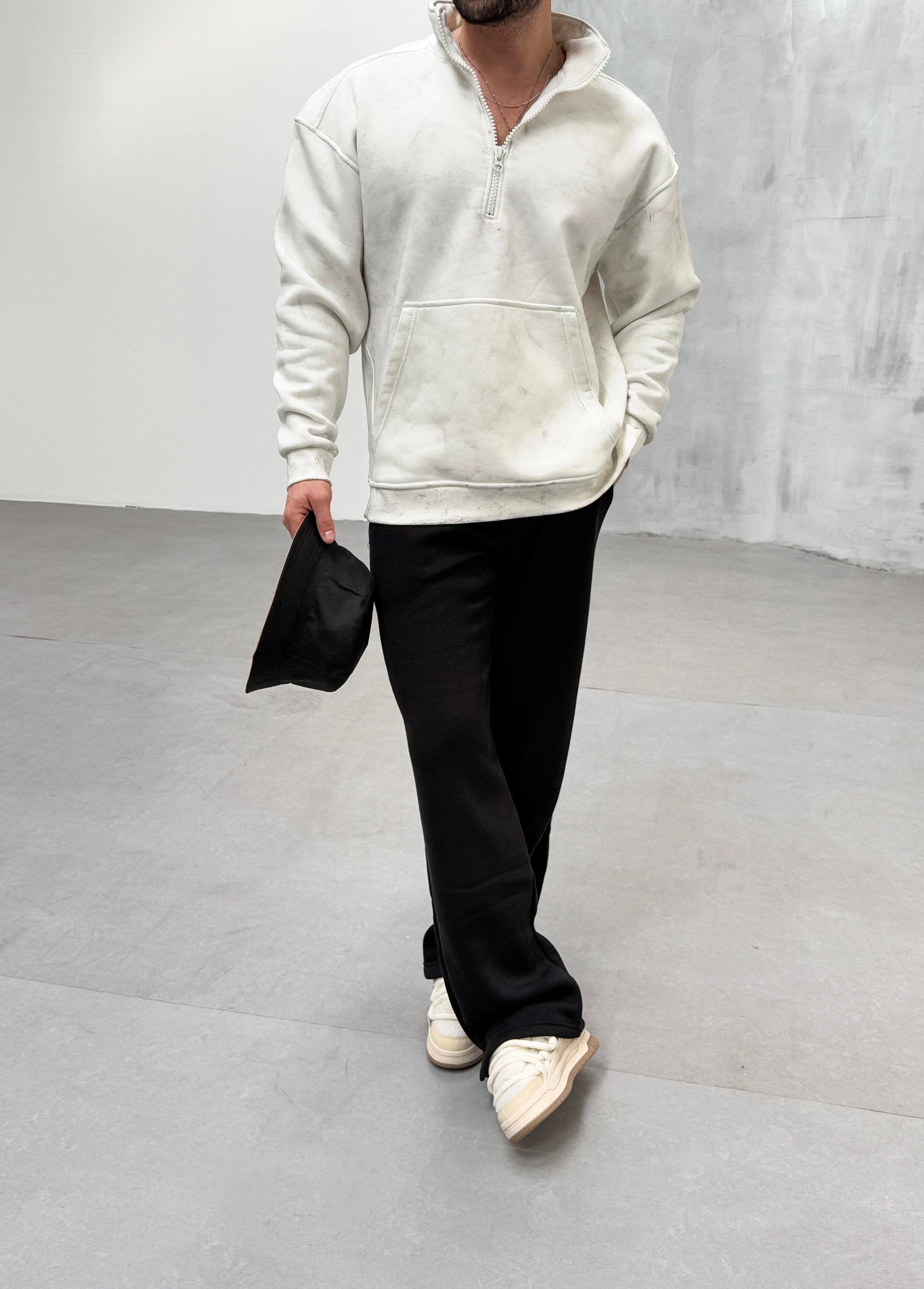 SWEATSHİRTBeyaz Yırtmaçlı Yarı Fermuarlı Sweatshirt PLZ