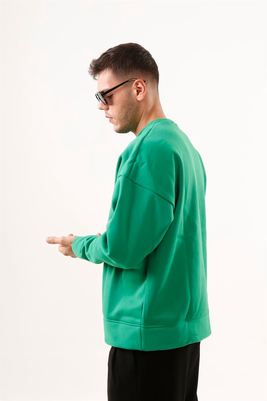 SWEATSHİRTÇamyeşili 3 İplik Oversize Bisiklet Yaka Hoodie SC