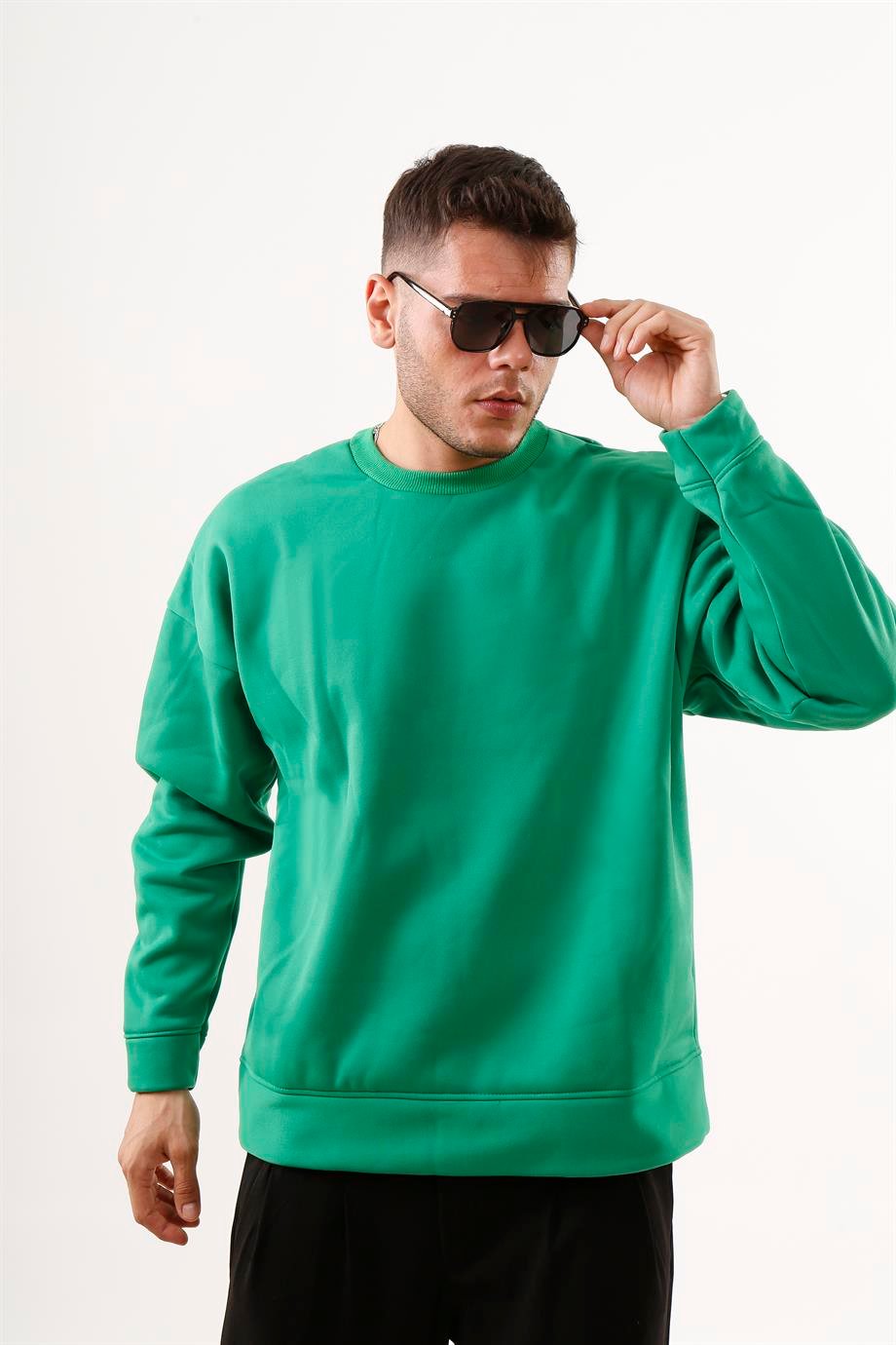 SWEATSHİRTÇamyeşili 3 İplik Oversize Bisiklet Yaka Hoodie SC