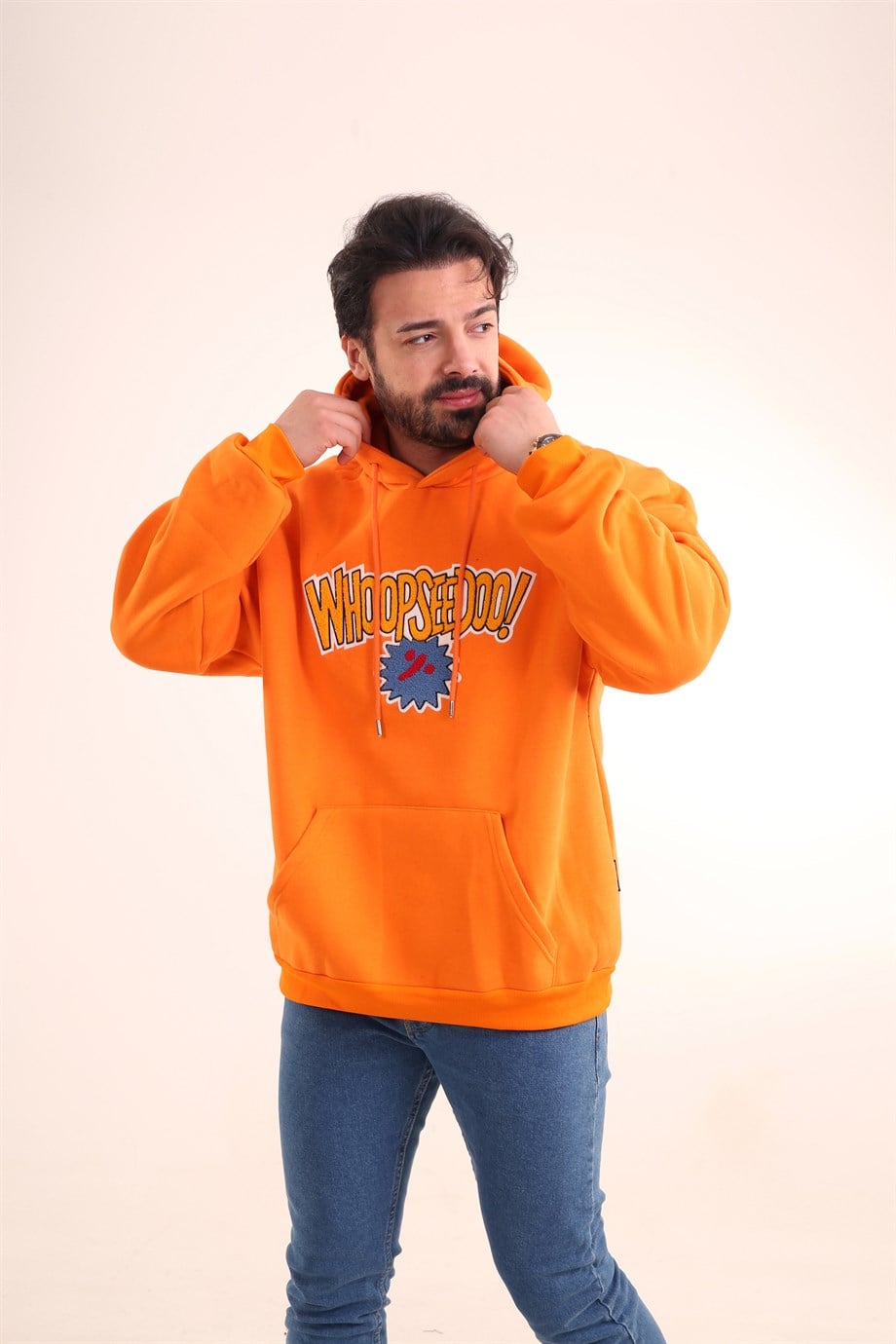 SWEATSHİRTErkek 3 İplik Turuncu Whoopseeddoo Baskılı Kapşonlu Sweatshirt 