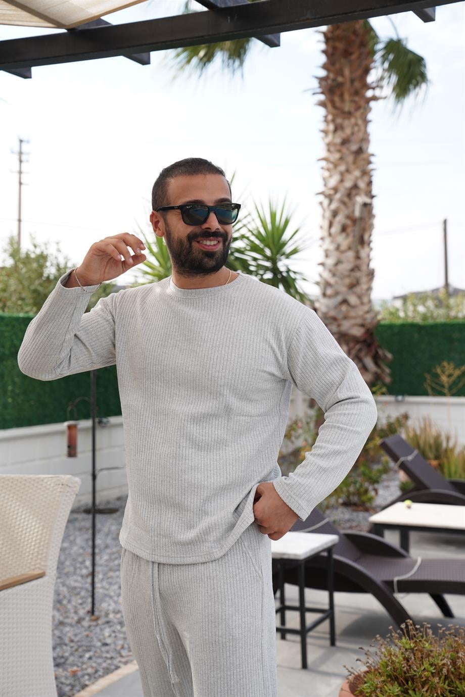 SWEATSHİRTGri Oversize Ottoman Fitilli Sweatshirt SNZ 8321