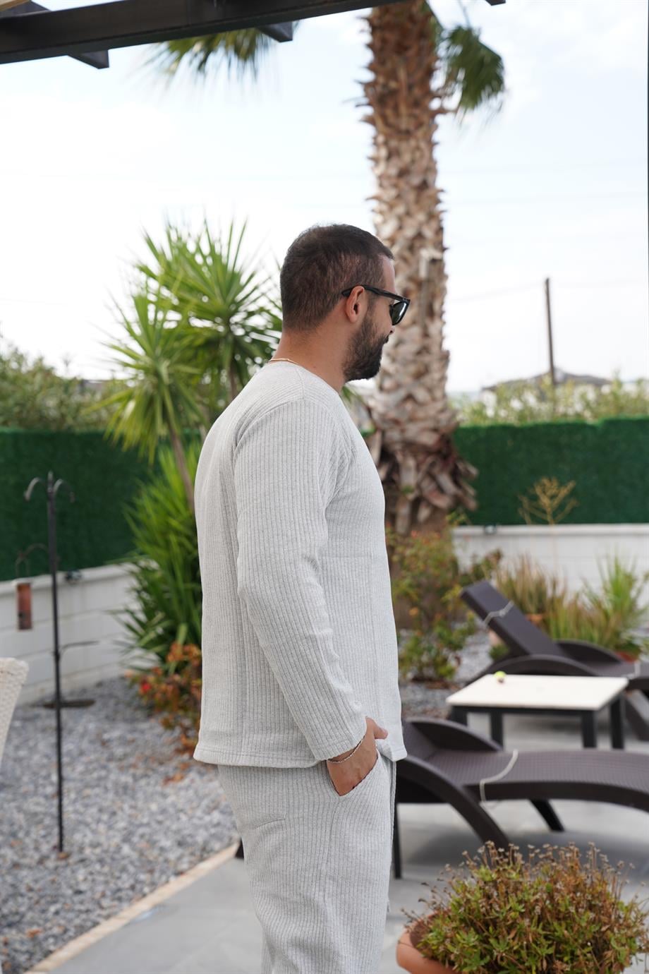 SWEATSHİRTGri Oversize Ottoman Fitilli Sweatshirt SNZ 8321