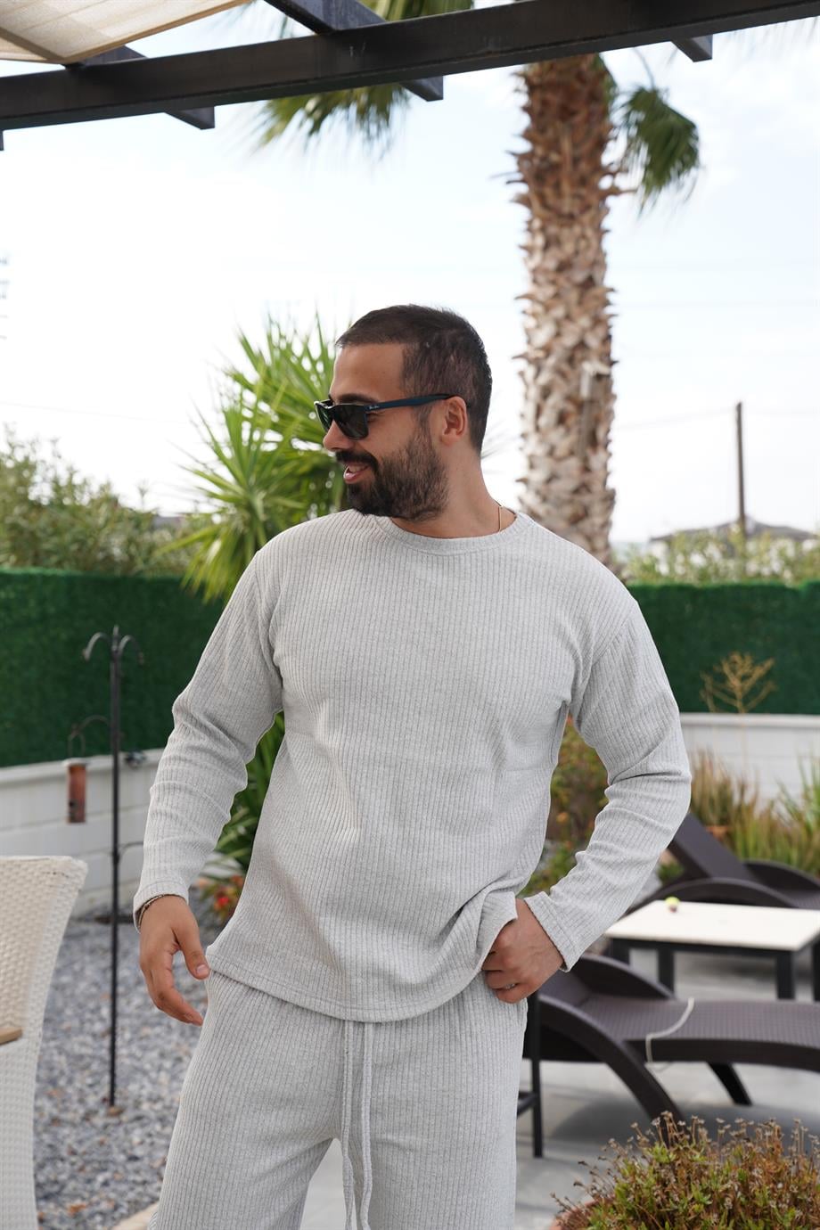 SWEATSHİRTGri Oversize Ottoman Fitilli Sweatshirt SNZ 8321