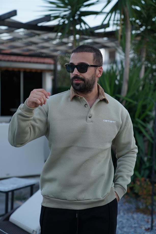 SWEATSHİRTHaki Yaka Kadife 3 İplik Çift Düğmeli Sweatshirt SNZ 8311