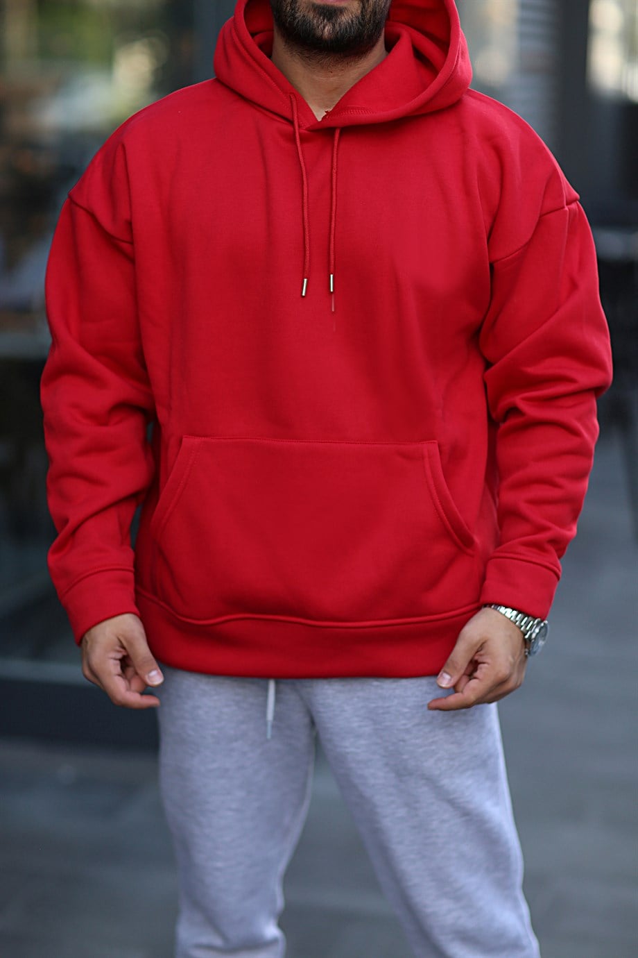 SWEATSHİRTKırmızı 3 İplik Oversize Kapşonlu Hoodie GK/579