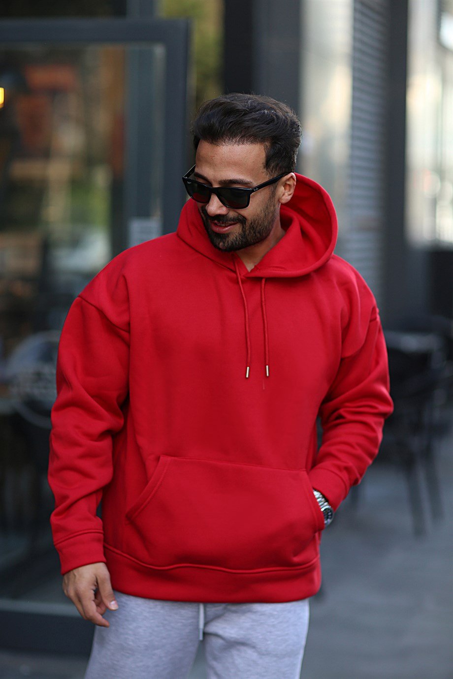 SWEATSHİRTKırmızı 3 İplik Oversize Kapşonlu Hoodie GK/579