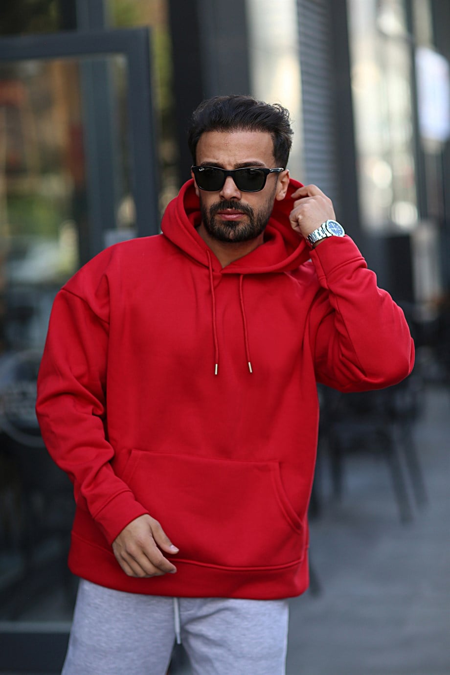 SWEATSHİRTKırmızı 3 İplik Oversize Kapşonlu Hoodie GK