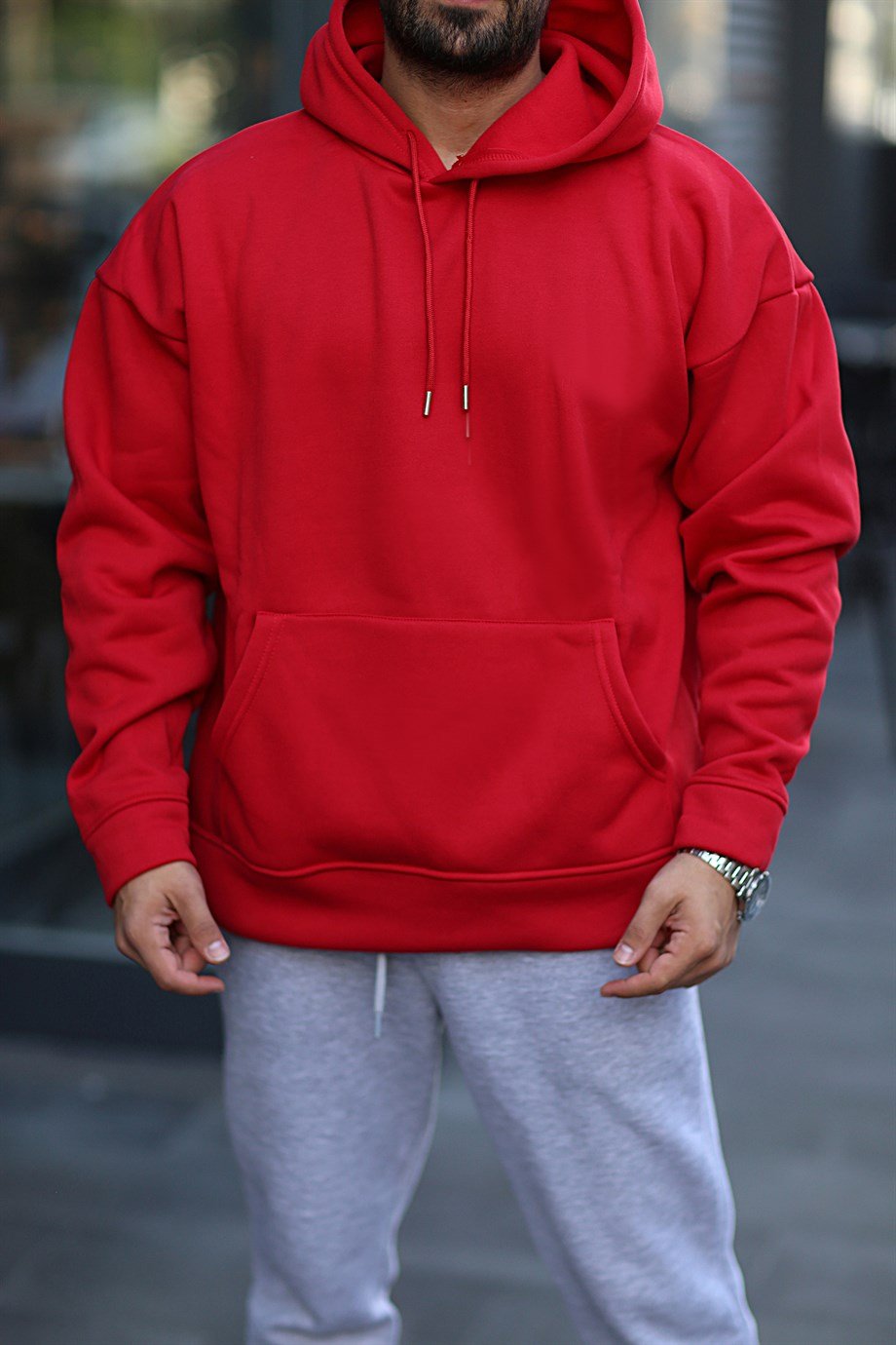 SWEATSHİRTKırmızı 3 İplik Oversize Kapşonlu Hoodie GK