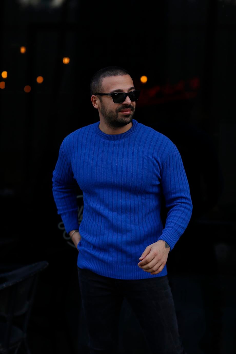 SWEATSHİRTMavi Bisiklet Yaka Düz Kazak TB 
