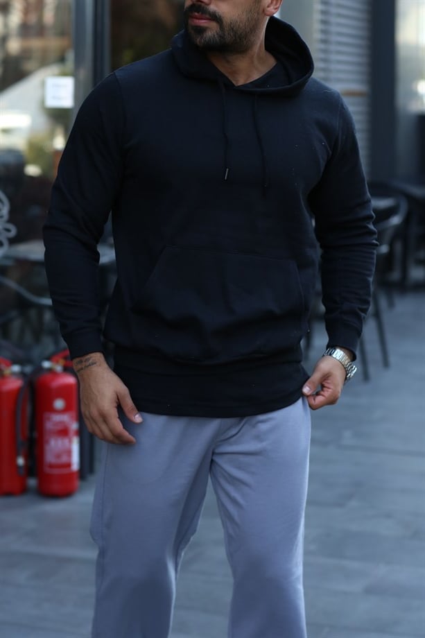 SWEATSHİRTSiyah 2 İplik Kapşonlu Şardonlu Bisiklet Yaka Sweatshirt 