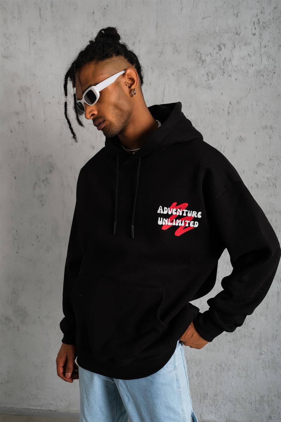 SWEATSHİRTSiyah ADVENTURE Baskılı 3 İplik Kapşonlu Oversize Sweatshirt 