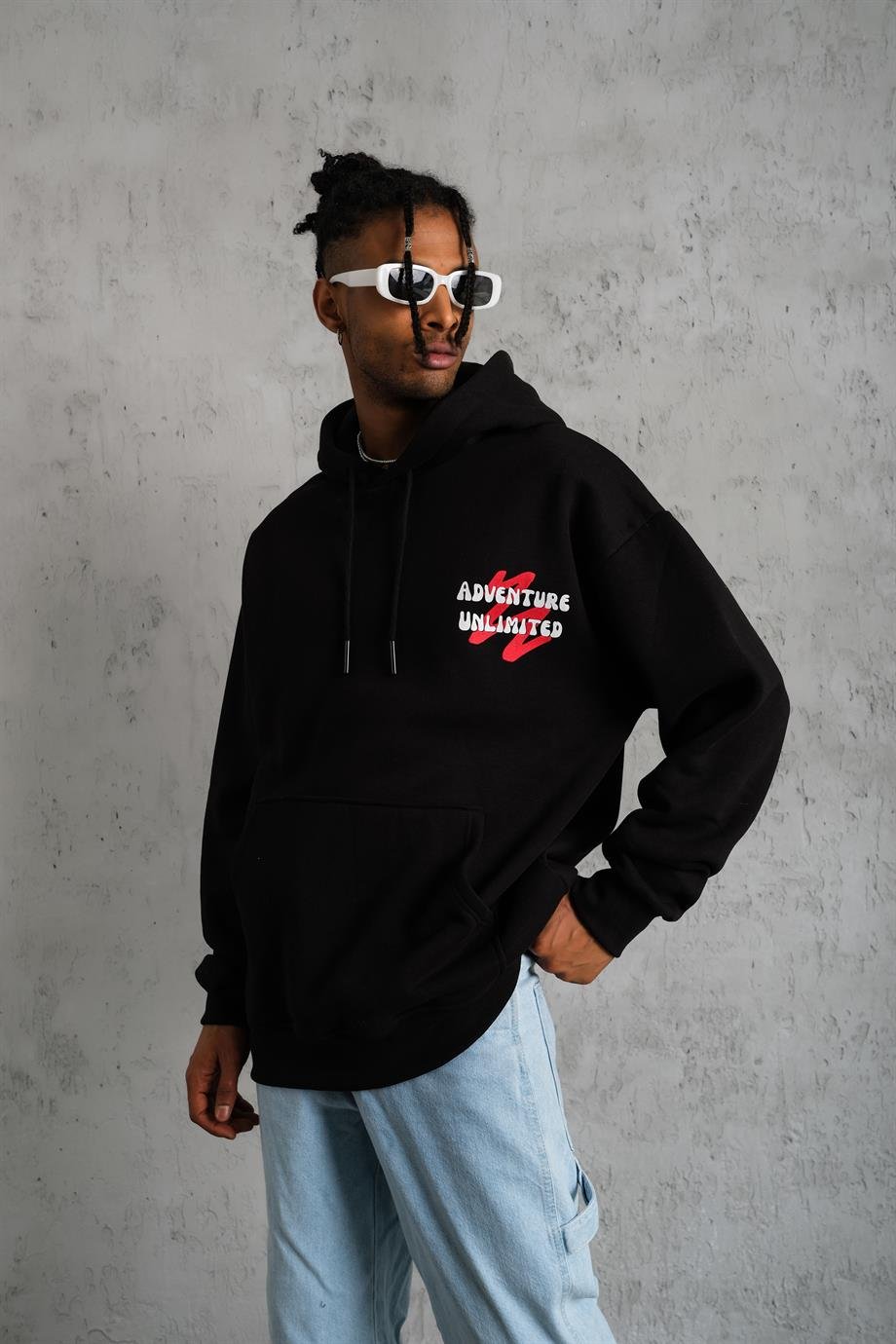 SWEATSHİRTSiyah ADVENTURE Baskılı 3 İplik Kapşonlu Oversize Sweatshirt 