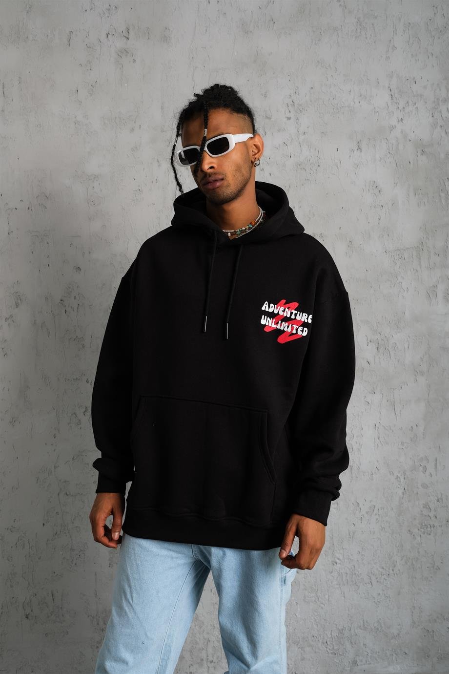 SWEATSHİRTSiyah ADVENTURE Baskılı 3 İplik Kapşonlu Oversize Sweatshirt 