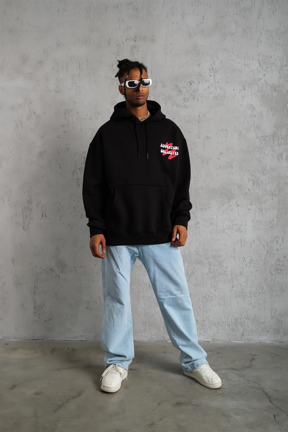 SWEATSHİRTSiyah ADVENTURE Baskılı 3 İplik Kapşonlu Oversize Sweatshirt 