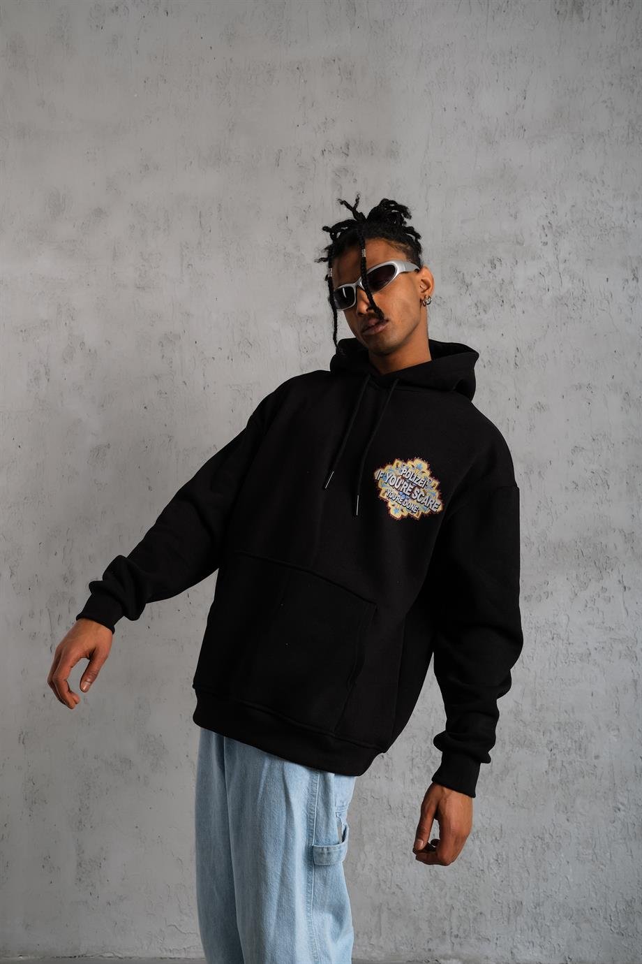 SWEATSHİRTSiyah IF YOU SCAR Baskılı 3 İplik Kapşonlu Oversize Sweatshirt