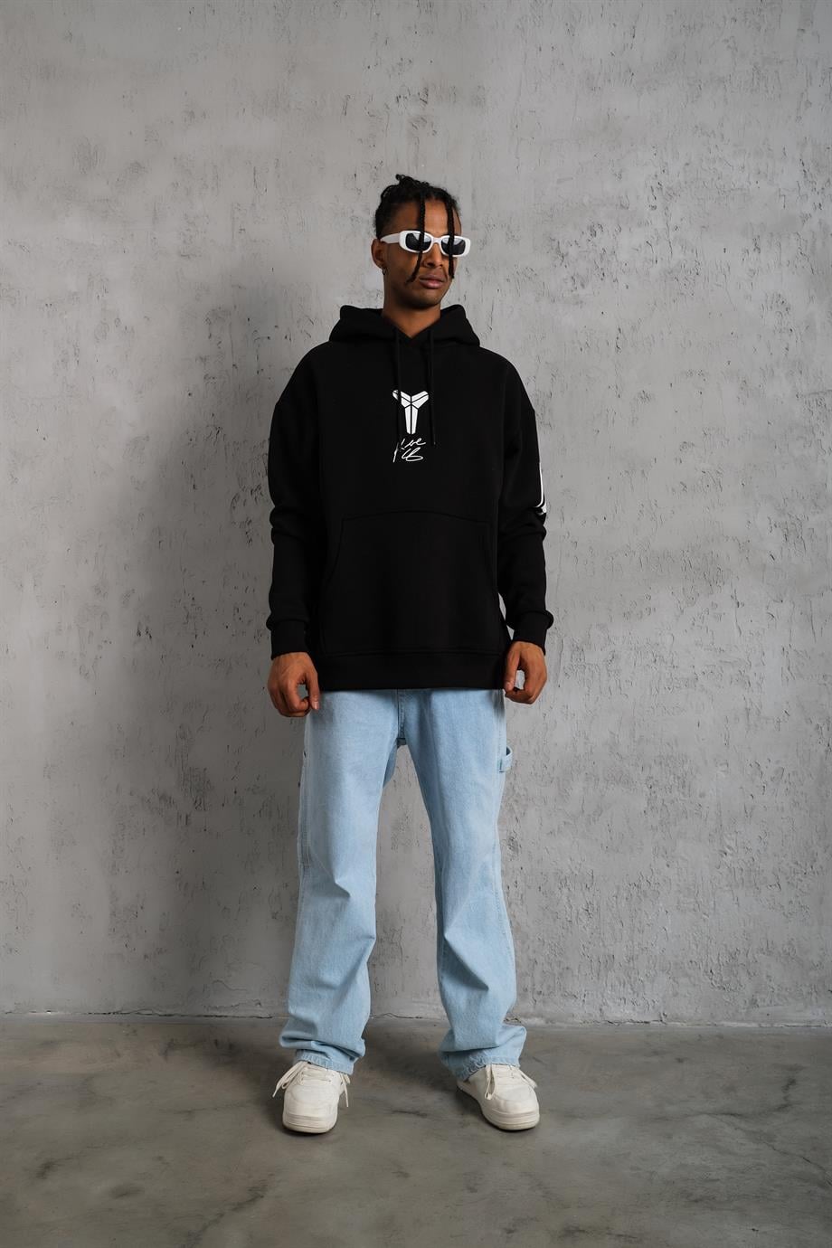 SWEATSHİRTSiyah KOBE Peçli Baskılı 3 İplik Oversize Kapşonlu Sweatshirt PLZ-37