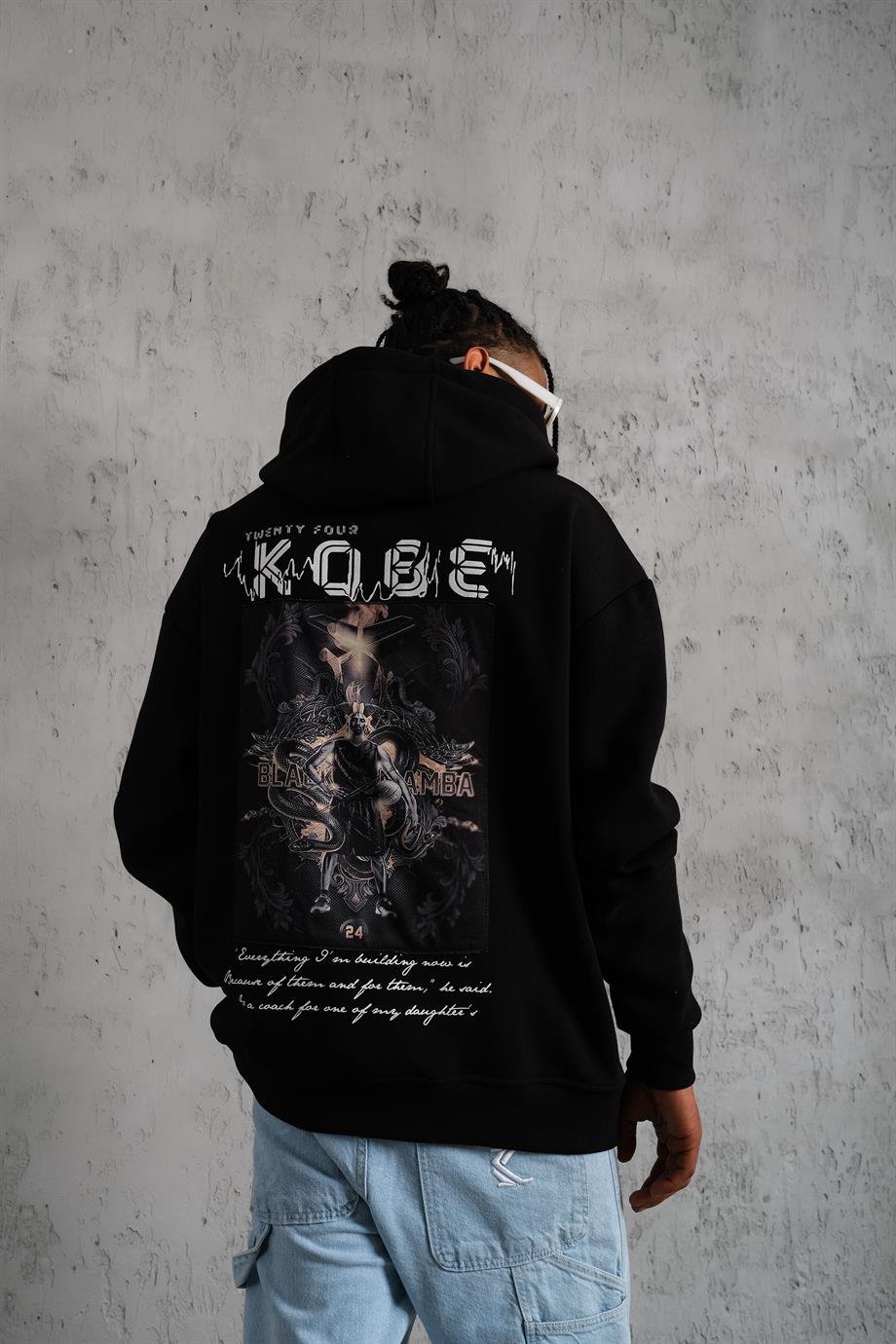 SWEATSHİRTSiyah KOBE Peçli Baskılı 3 İplik Oversize Kapşonlu Sweatshirt PLZ-37
