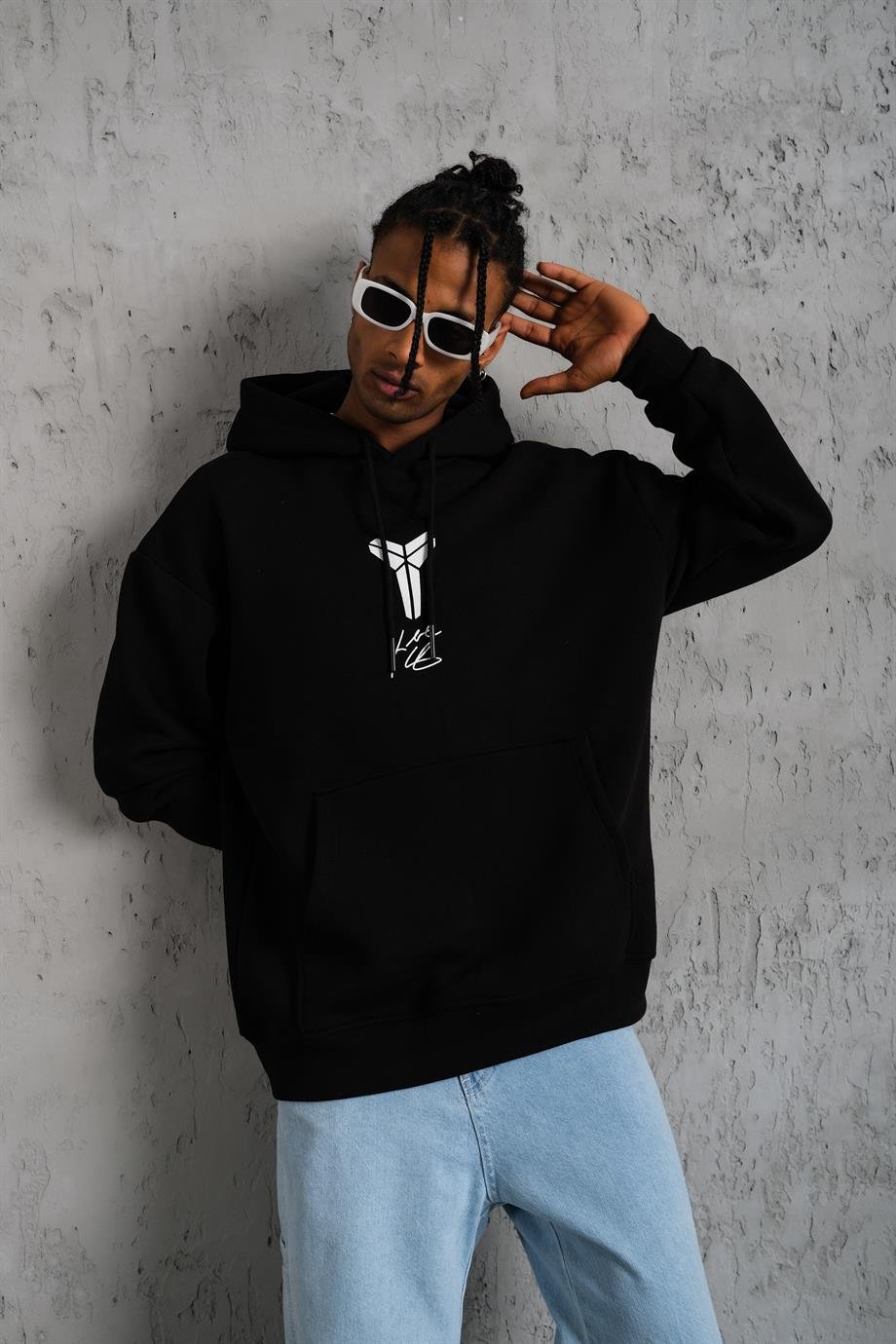 SWEATSHİRTSiyah KOBE Peçli Baskılı 3 İplik Oversize Kapşonlu Sweatshirt PLZ-37