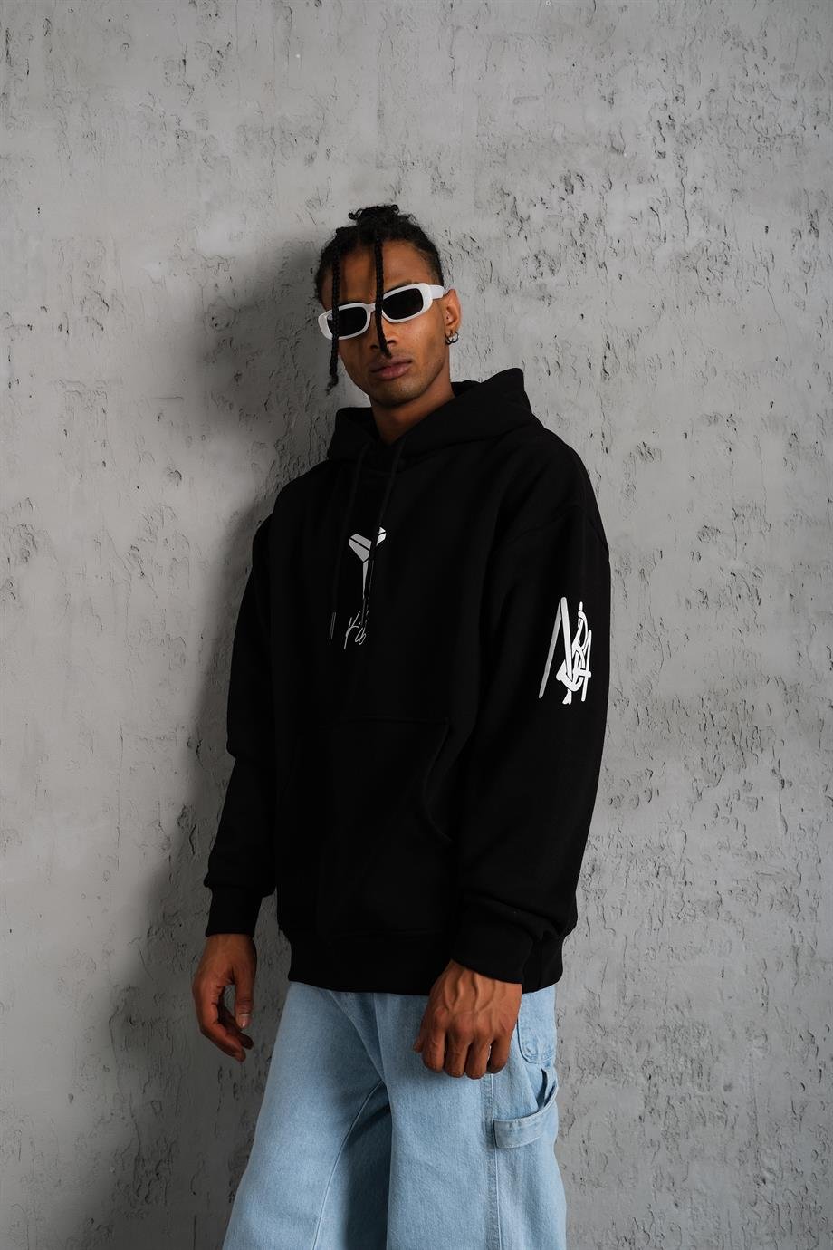 SWEATSHİRTSiyah KOBE Peçli Baskılı 3 İplik Oversize Kapşonlu Sweatshirt PLZ-37
