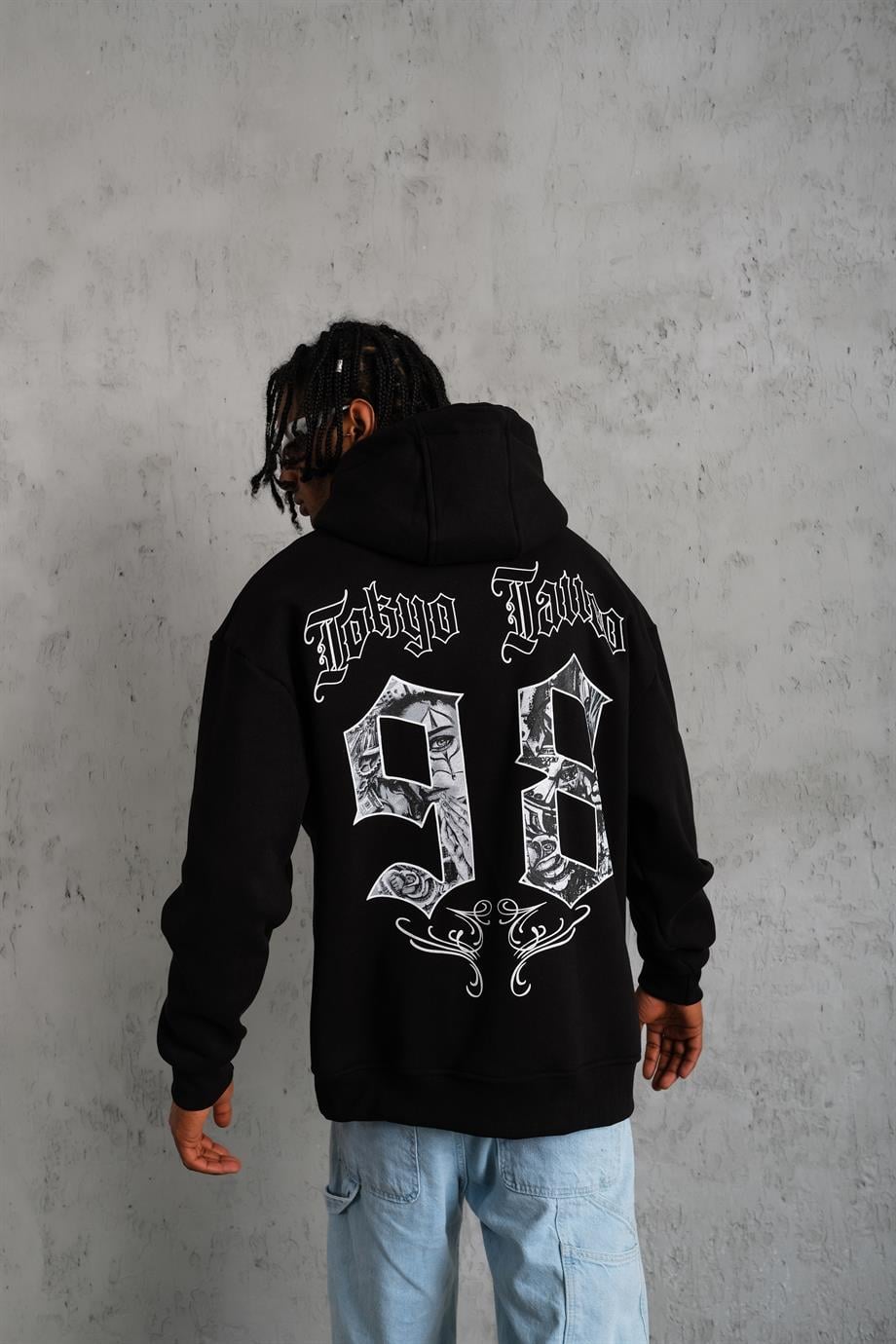 SWEATSHİRTSiyah TOKYOTATTOO Baskılı 3 İplik Kapşonlu Oversize Sweatshirt 