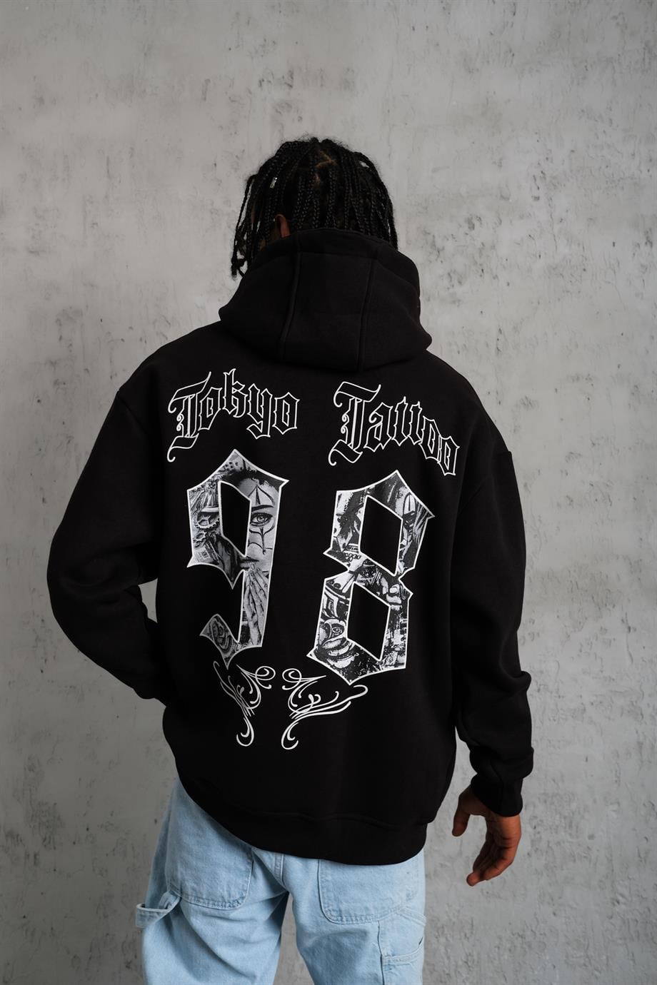 SWEATSHİRTSiyah TOKYOTATTOO Baskılı 3 İplik Kapşonlu Oversize Sweatshirt 