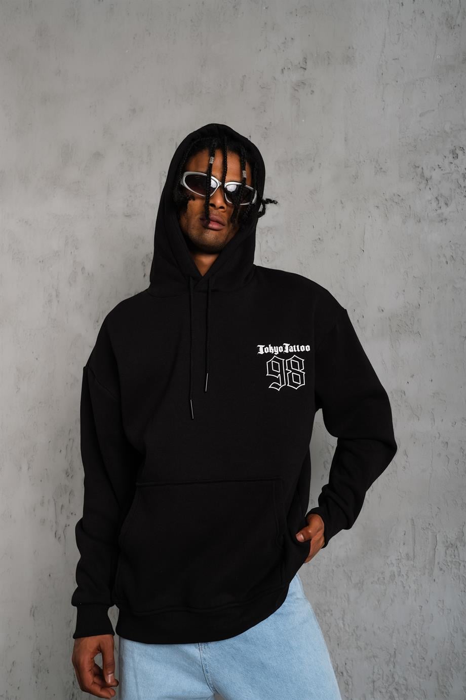 SWEATSHİRTSiyah TOKYOTATTOO Baskılı 3 İplik Kapşonlu Oversize Sweatshirt 