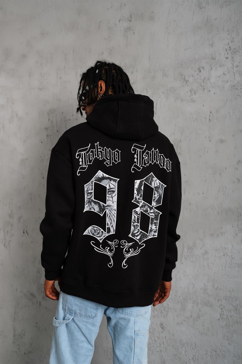 SWEATSHİRTSiyah TOKYOTATTOO Baskılı 3 İplik Kapşonlu Oversize Sweatshirt 