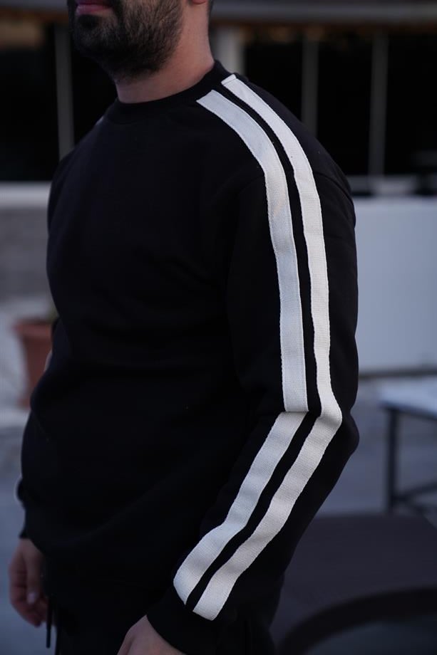 SWEATSHİRTSiyah Yandan Çift Şeritli Bisiklet Yaka 3 İplik Oversize Sweatshirt SNZ 8317