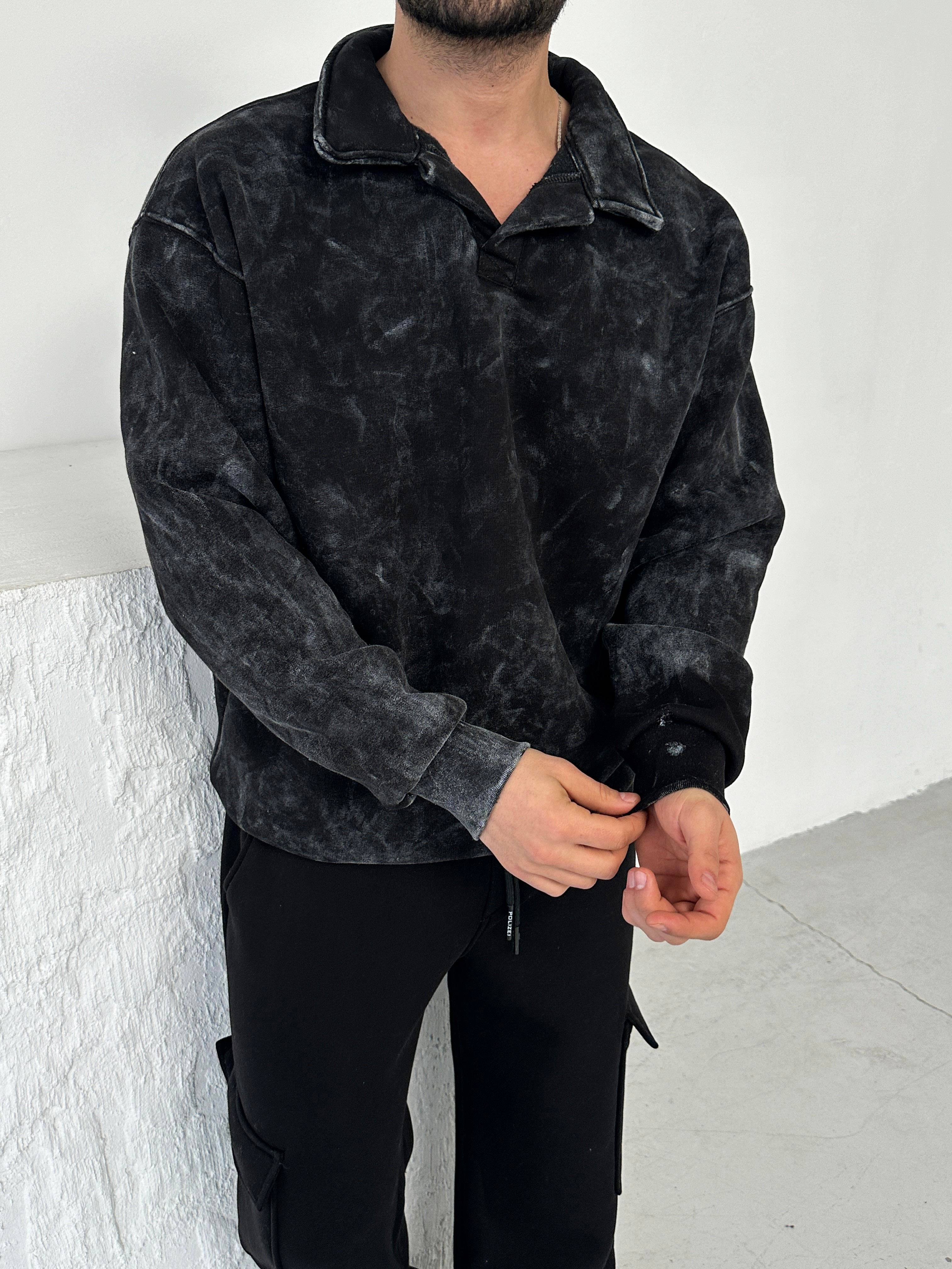 SWEATSHİRTSiyah Yıkamalı Düz Polo Yaka Sweatshirt PLZ