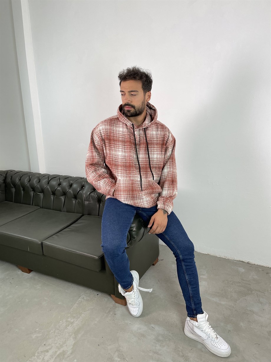 SWEATSHİRTUnisex Taba Beyaz Kapşonlu Oduncu Sweatshirt