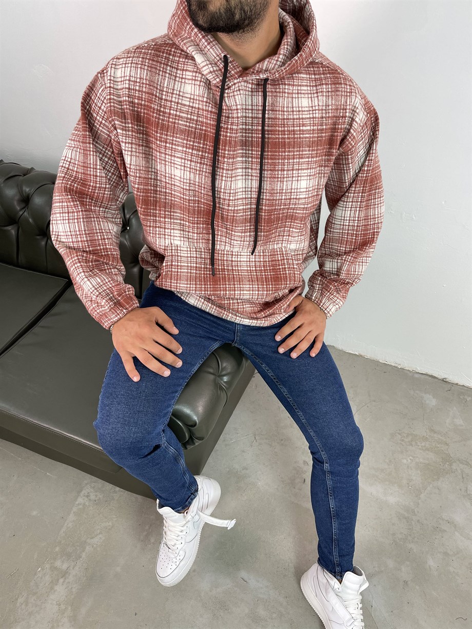 SWEATSHİRTUnisex Taba Beyaz Kapşonlu Oduncu Sweatshirt