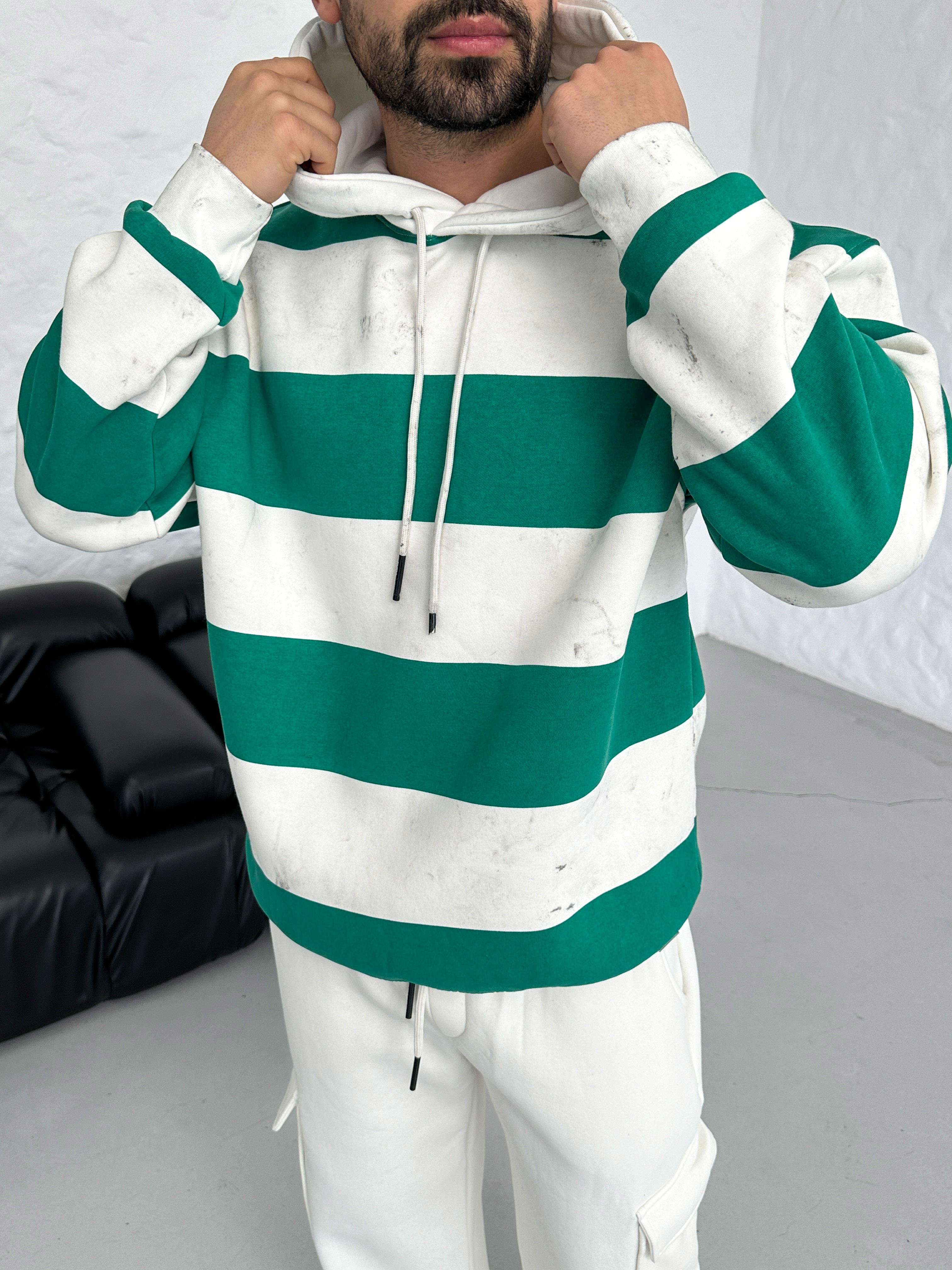 SWEATSHİRTYeşil Çizgili 3 İplik Kapşonlu Sweatshirt PLZ