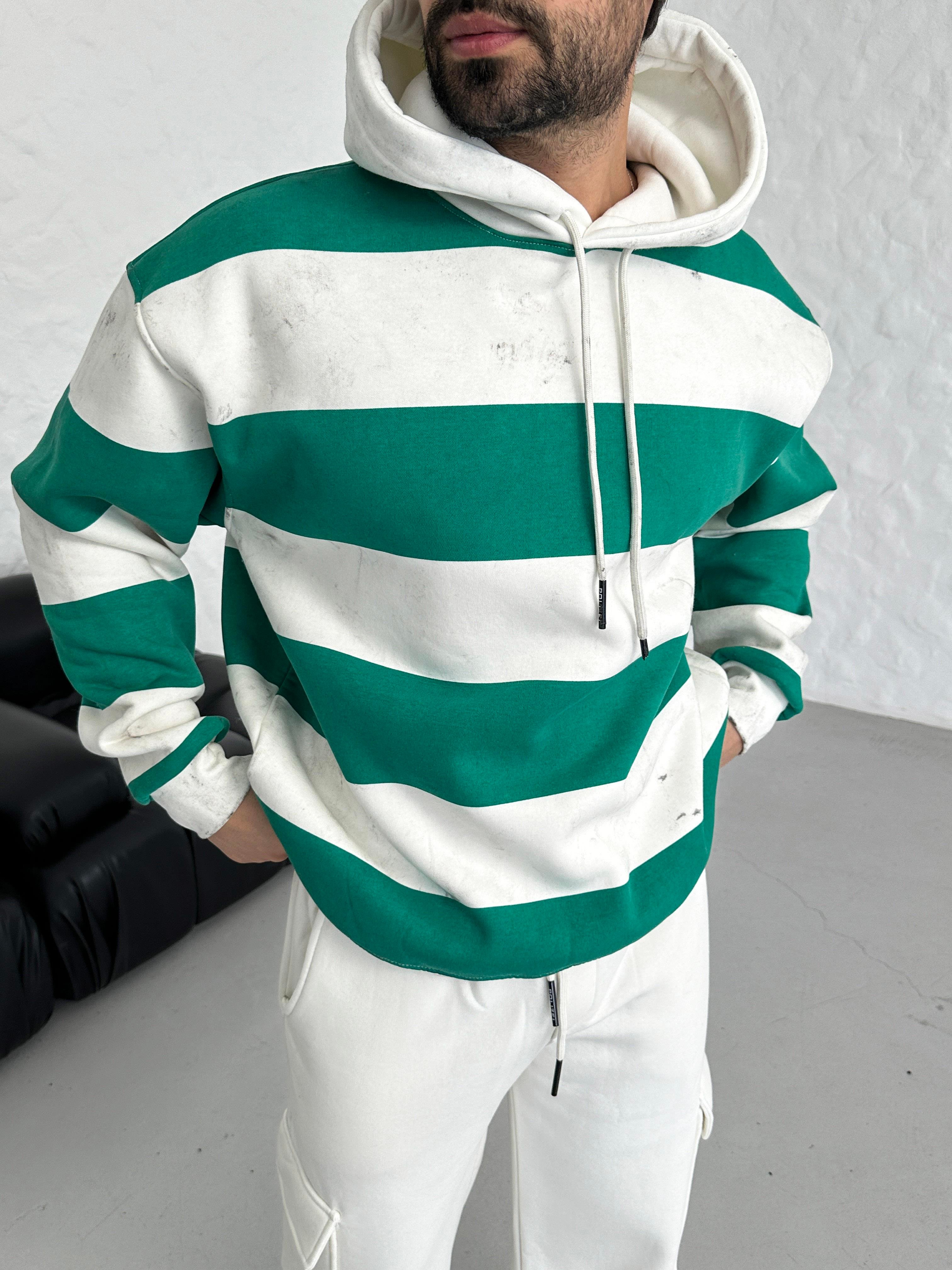 SWEATSHİRTYeşil Çizgili 3 İplik Kapşonlu Sweatshirt PLZ