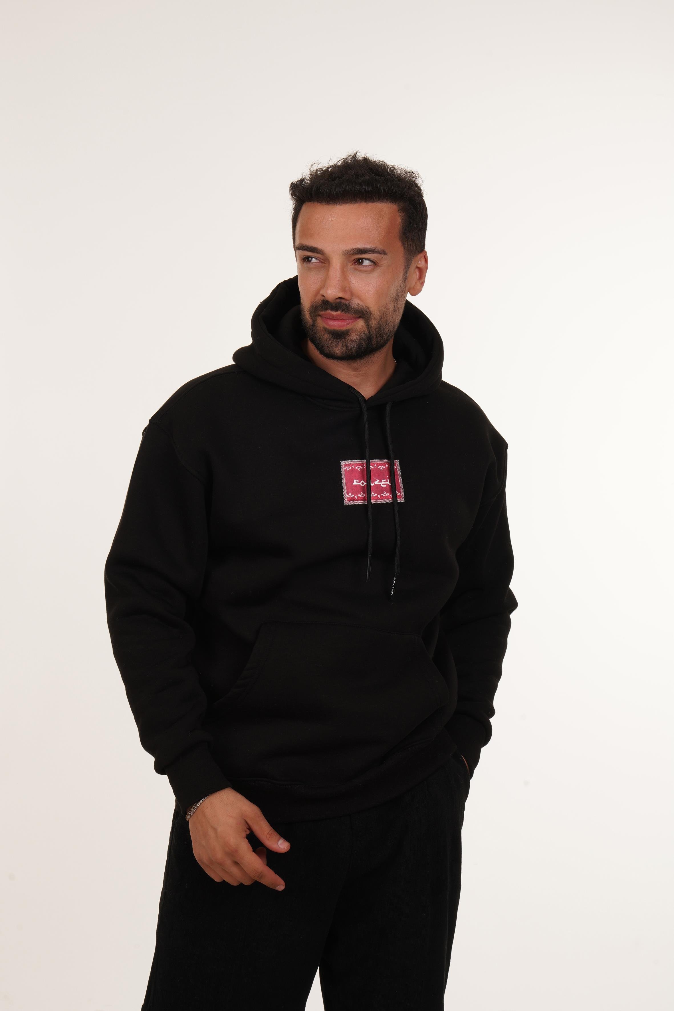 SweatSİYAH 3 İplik Oversize Kırmızı Halı Kapşonlu Sweatshirt PLZ