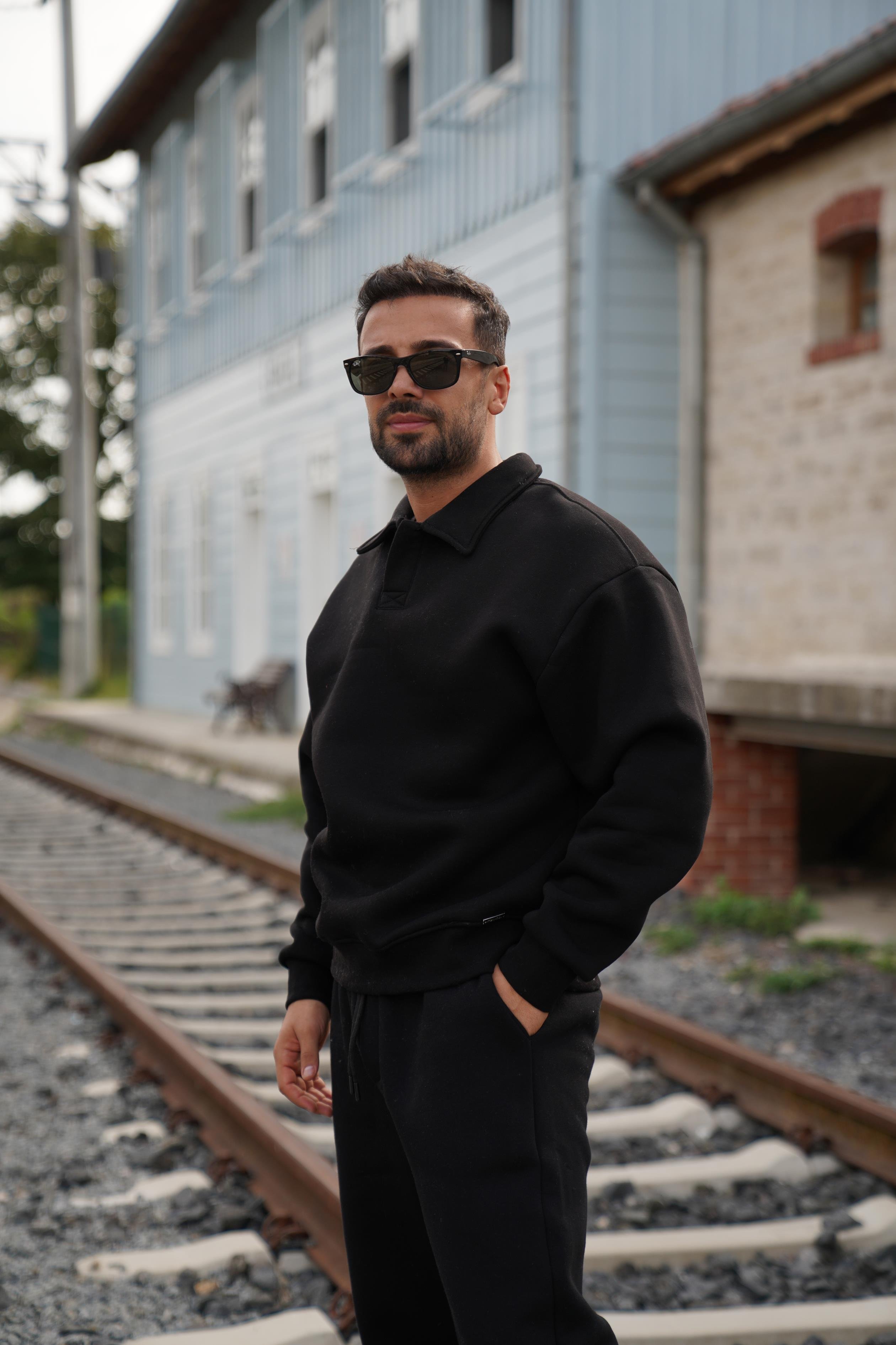 SweatSiyah 3 İplik Oversize Polo yaka PLZ