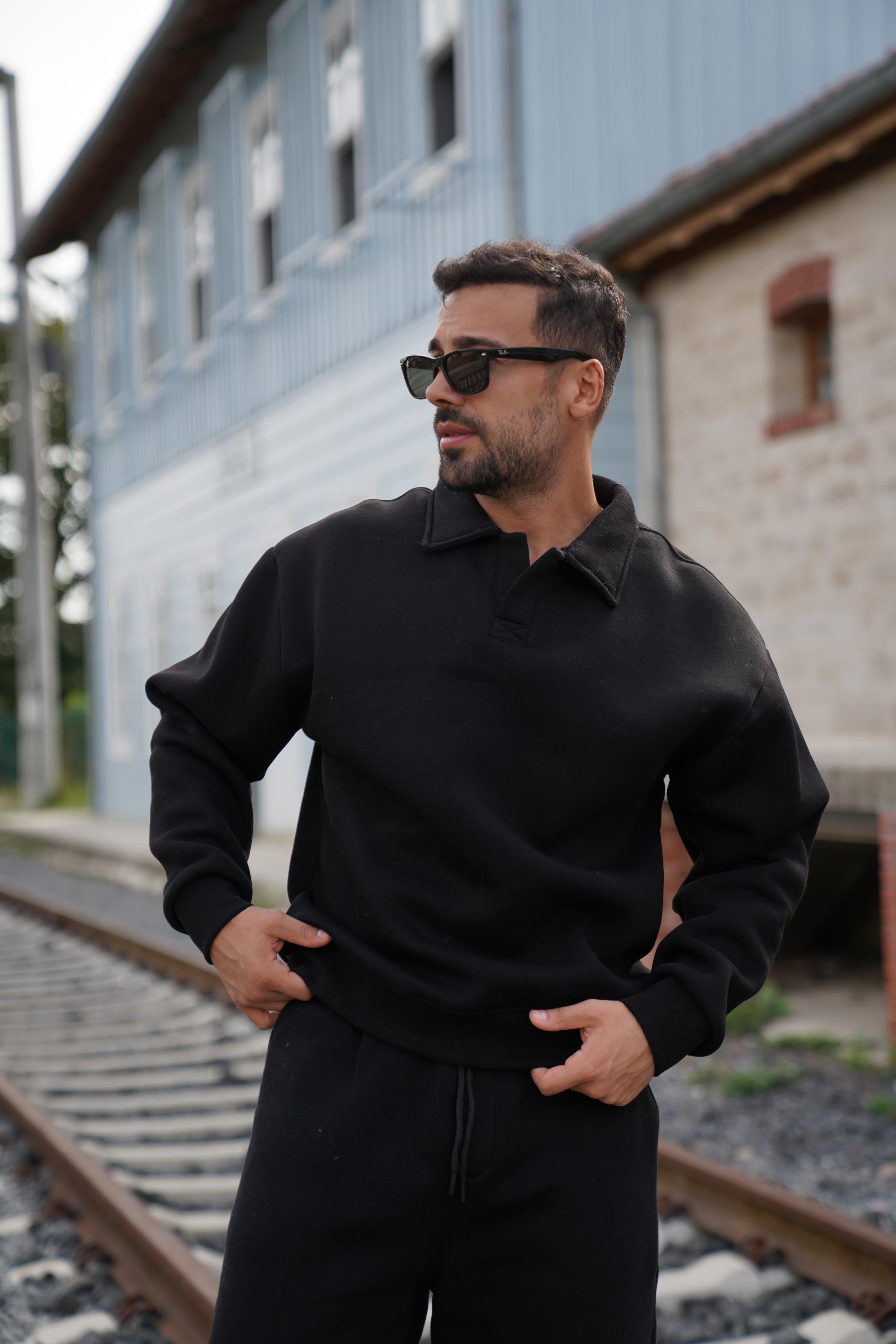 SweatSiyah 3 İplik Oversize Polo yaka PLZ