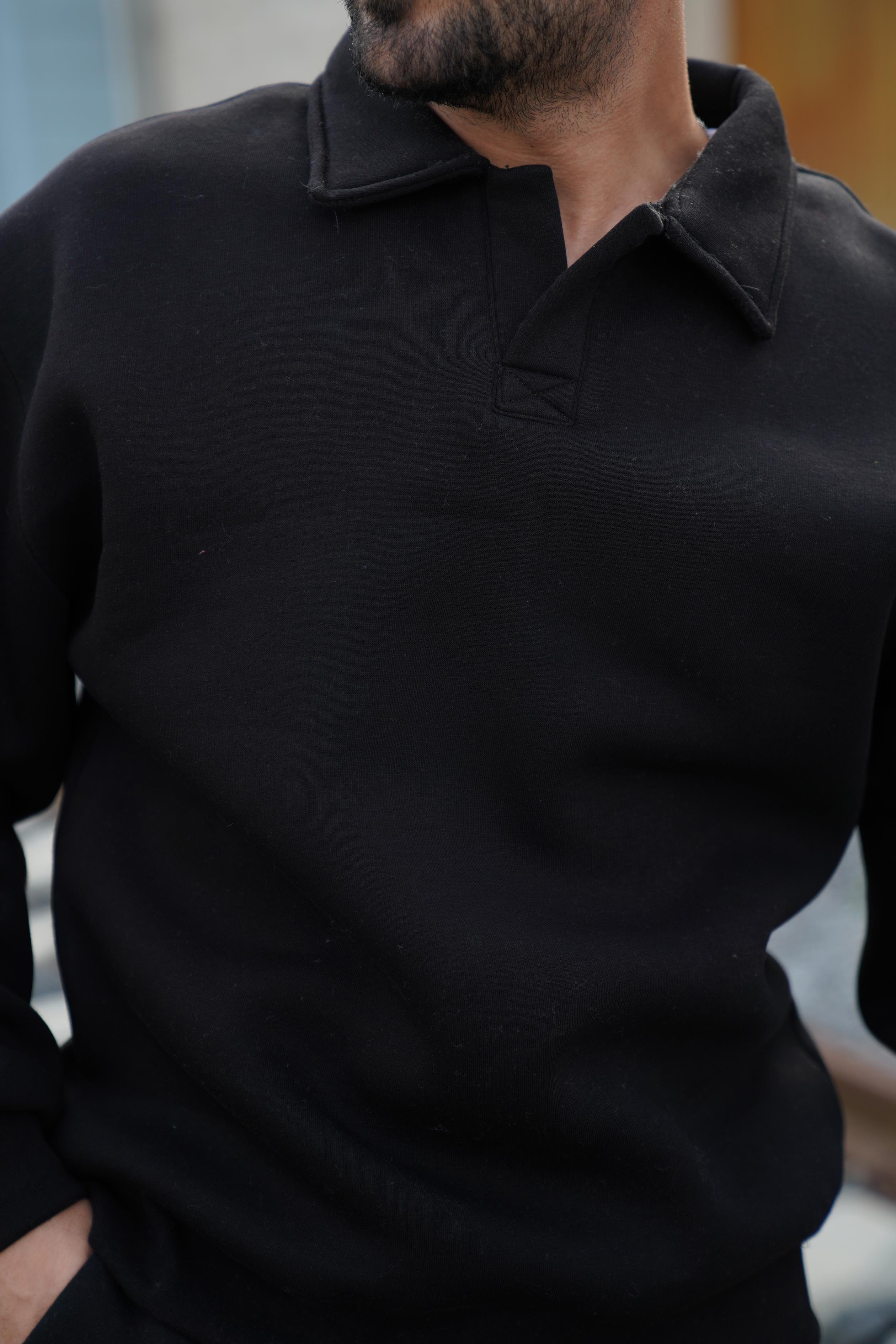 SweatSiyah 3 İplik Oversize Polo yaka PLZ